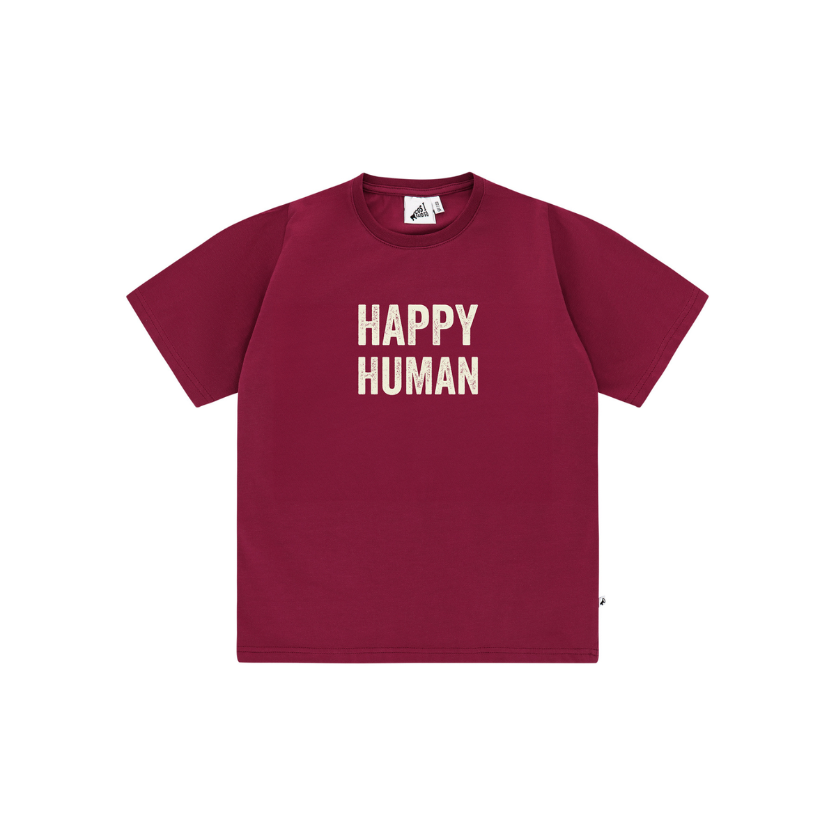 Unisex Happy Human T-Shirt by Cos-I-Said-So in high quality Organic Cotton. T-Shirt shown in the color Cordovan, which is a rusty red.