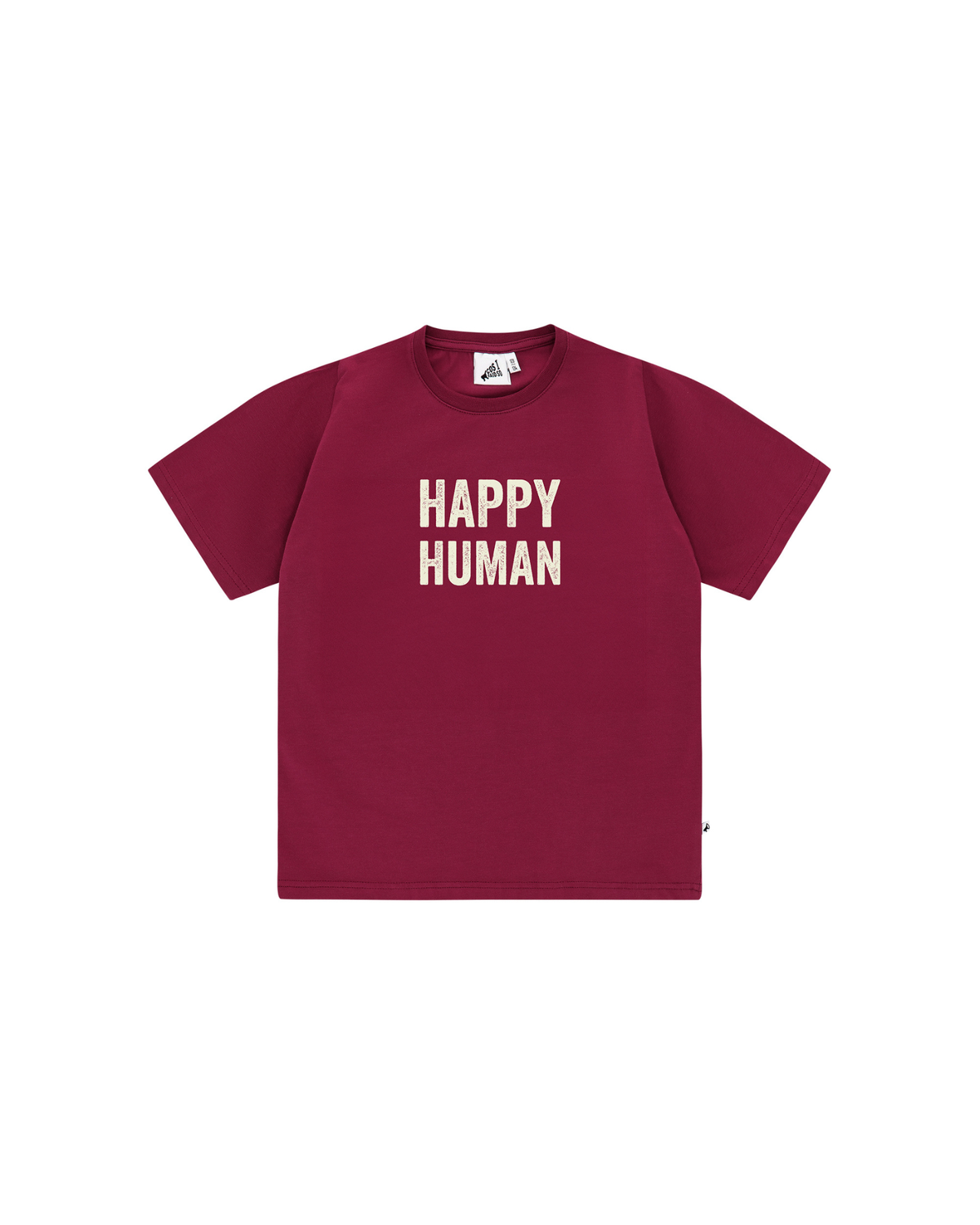 Unisex Happy Human T-Shirt by Cos-I-Said-So in high quality Organic Cotton. T-Shirt shown in the color Cordovan, which is a rusty red.