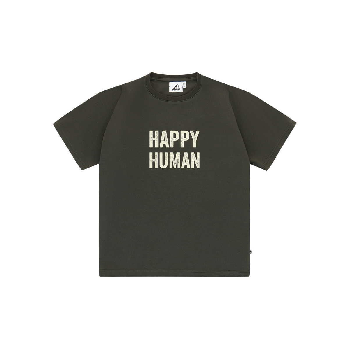 Unisex Happy Human T-Shirt by Cos-I-Said-So in high quality Organic Cotton. T-Shirt shown in the color Peat, which is an anthracite black.