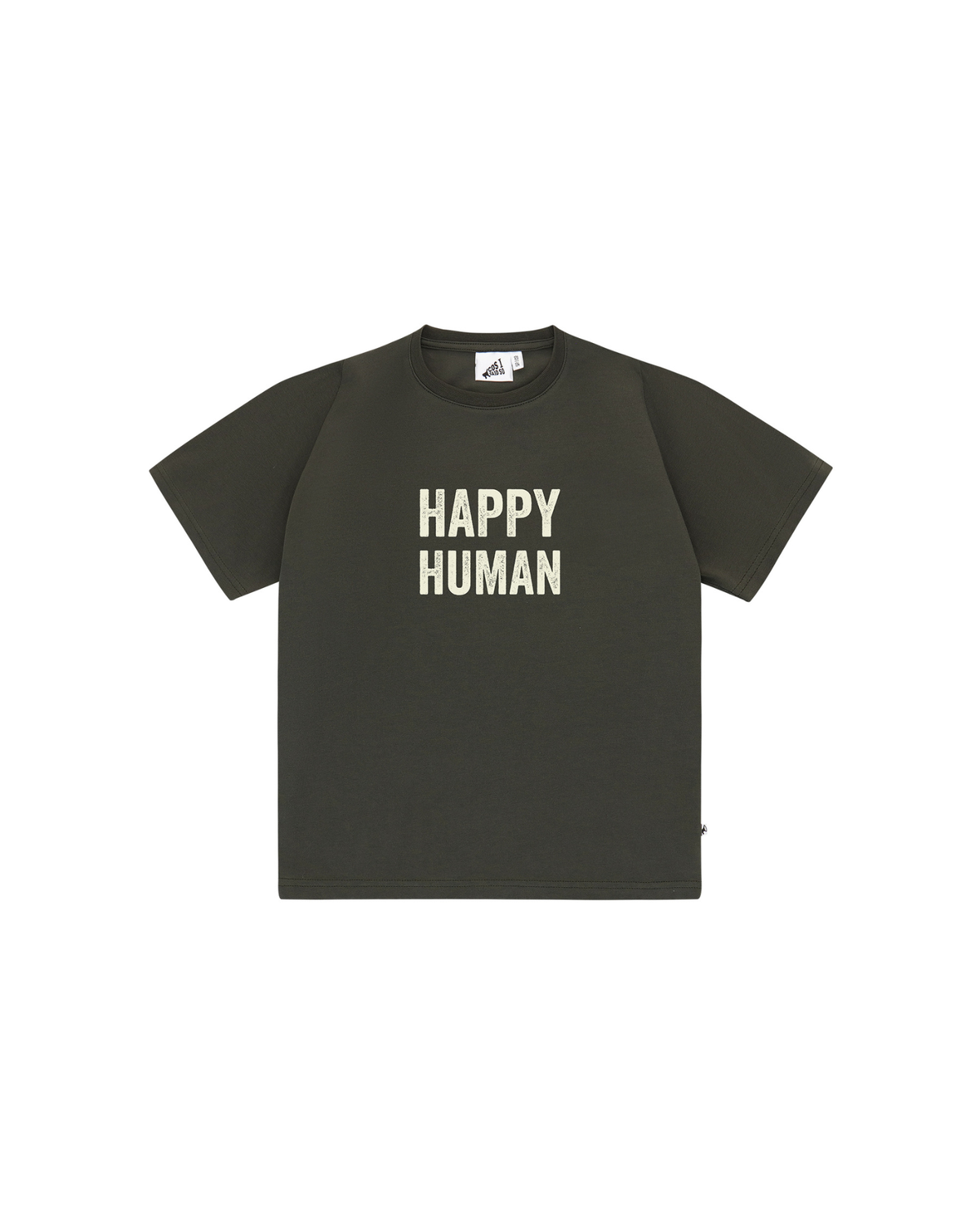 Unisex Happy Human T-Shirt by Cos-I-Said-So in high quality Organic Cotton. T-Shirt shown in the color Peat, which is an anthracite black.