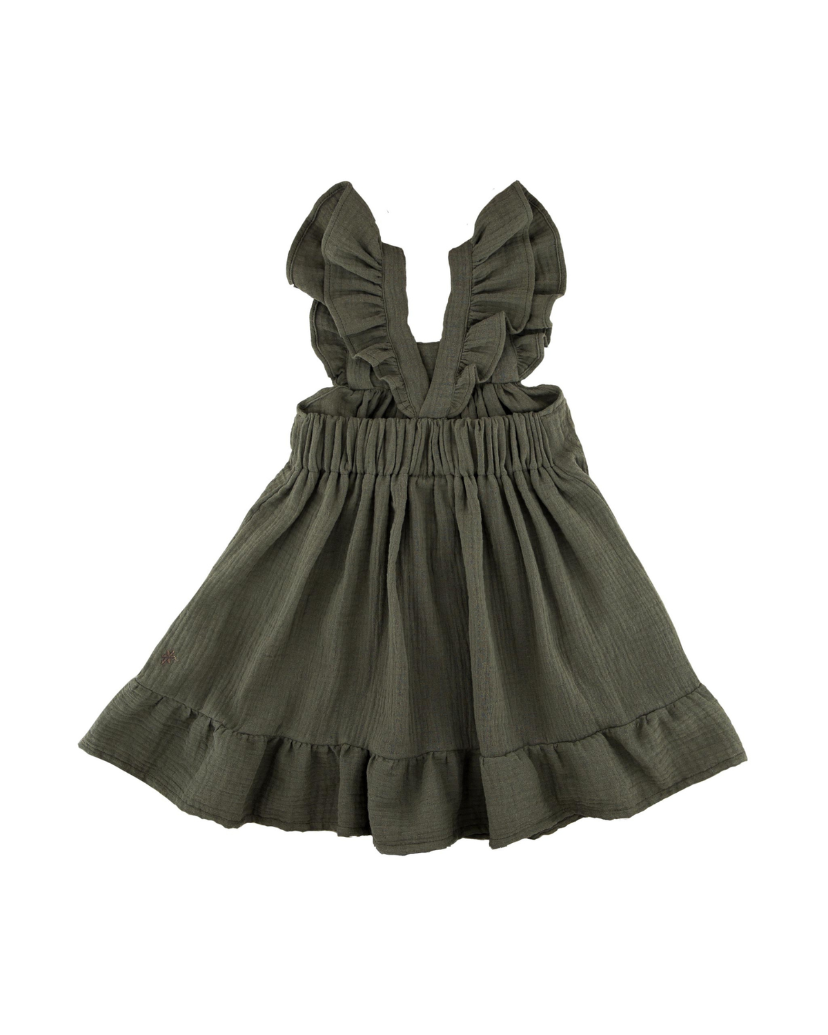 Dress by LES VEDETTES in high quality Muslin Cotton. The dress is shown in Soft Khaki Green from the Rear.