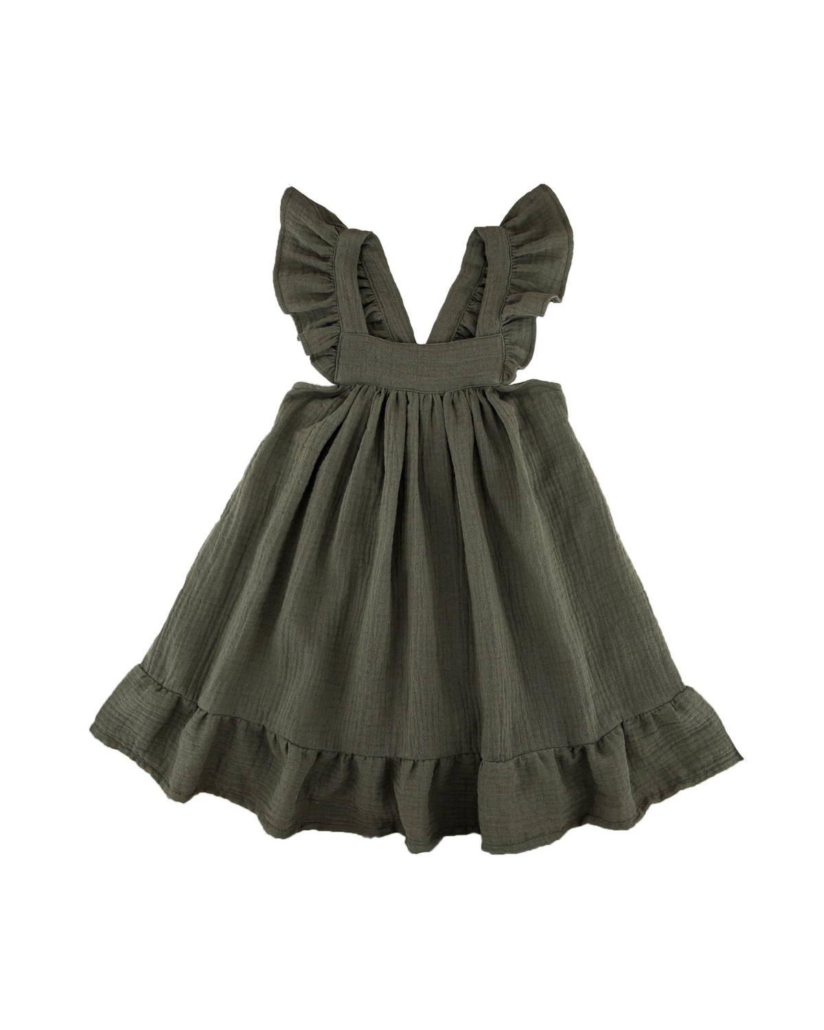Girls Dress River by LES VEDETTES in high quality Muslin Cotton. The dress is shown in Soft Khaki Green.