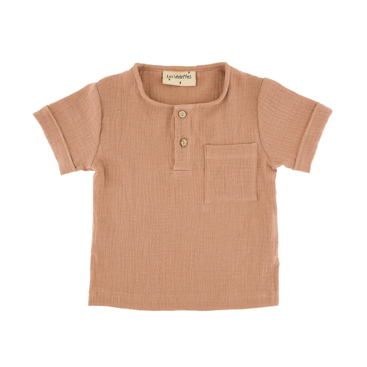 Boys Shirt with short sleeves from Les Vedettes in Muslin Cotton is shown in the color Caramel.