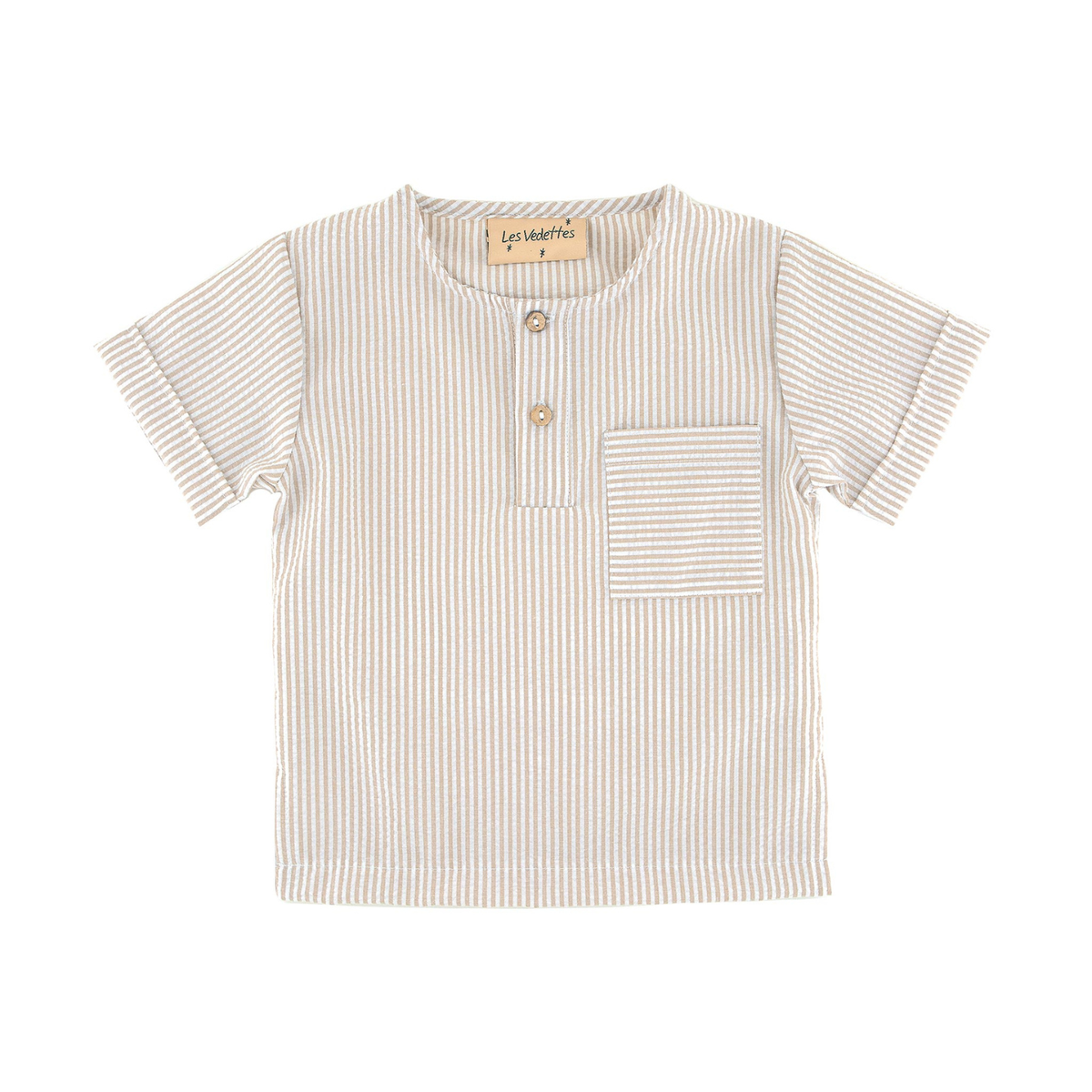 Boys Shirt from Les Vedettes with short sleeves in Seersucker Polycotton comes in Striped Beige and White.