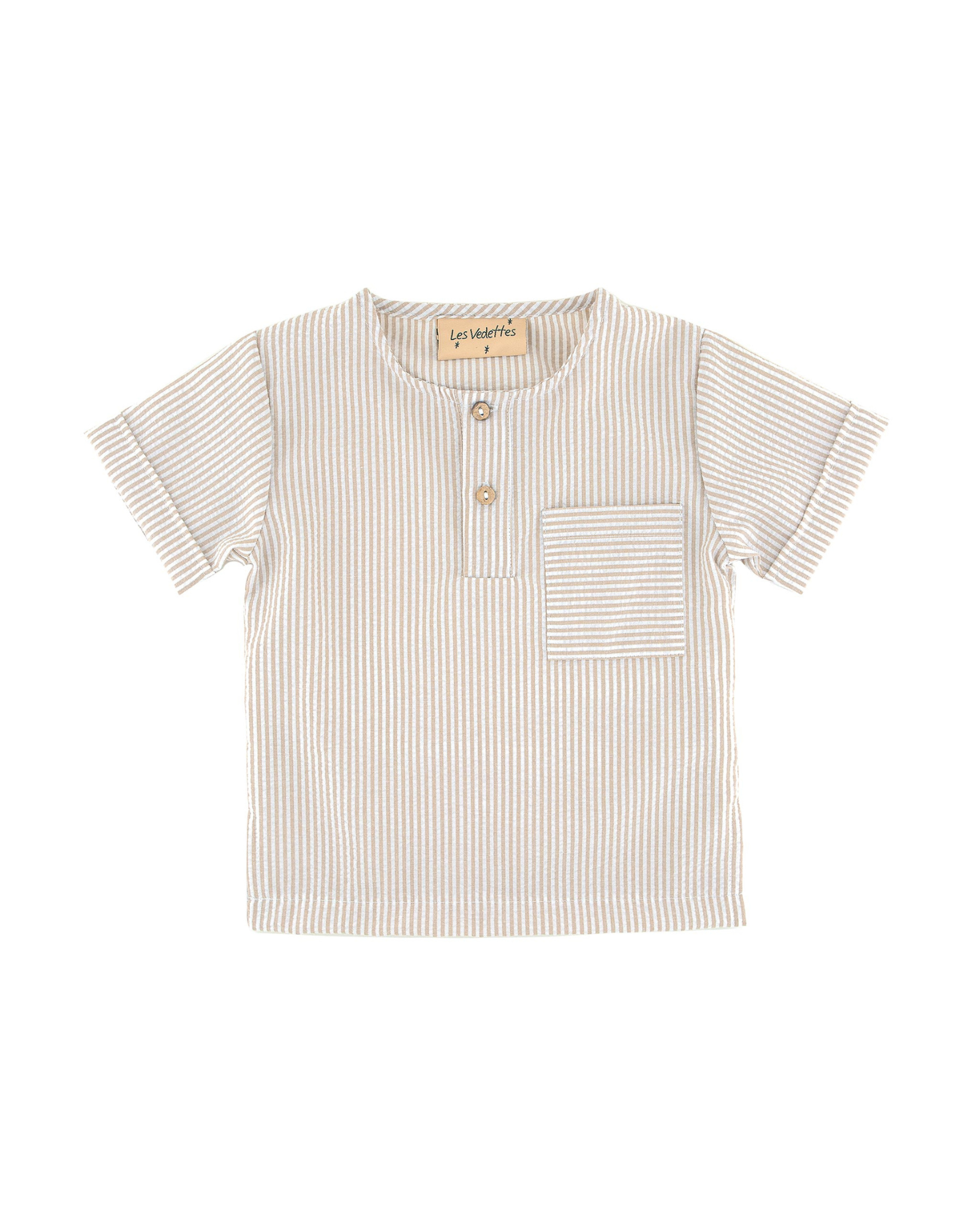 Boys Shirt from Les Vedettes with short sleeves in Seersucker Polycotton comes in Striped Beige and White.