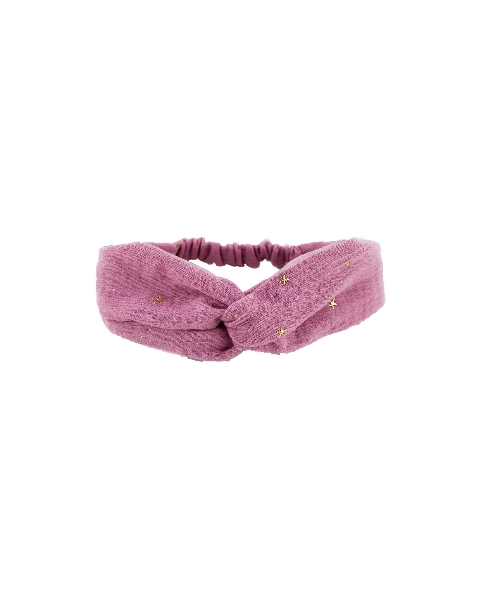 Girls headband with a twist in Muslin Cotton and here shown in Rose Pink with little drop stars in gold.