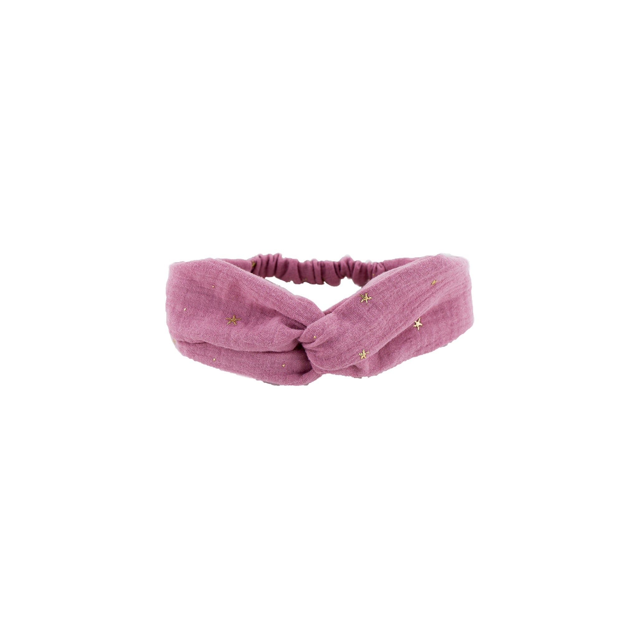 Girls headband with a twist in Muslin Cotton and here shown in Rose Pink with little drop stars in gold.