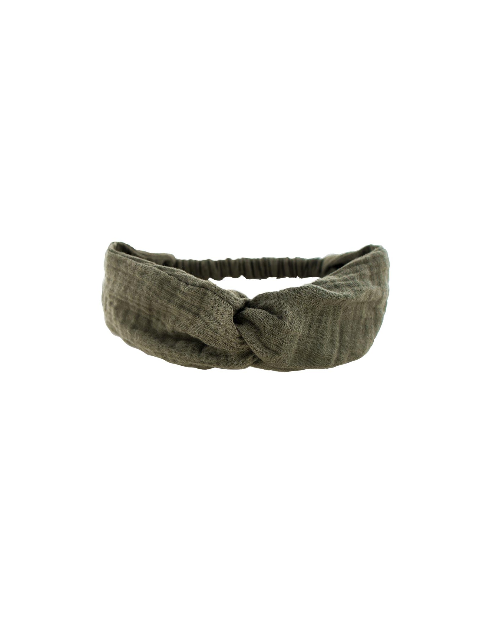 Girls Twisted Headband by Les Vedettes in Muslin Cotton and shown in the color Soft Khaki Green.