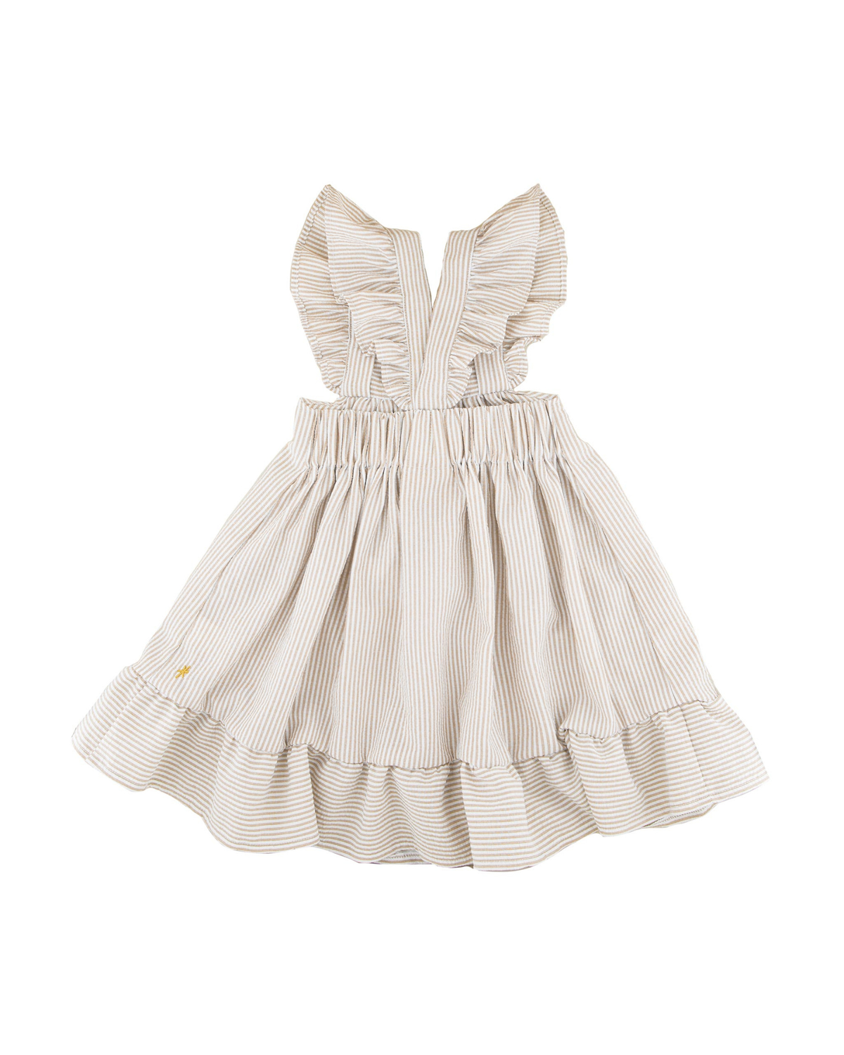 Girls Dress River by Les Vedettes in high quality Seersucker. The Dress is shown in Beige and White Stripes.