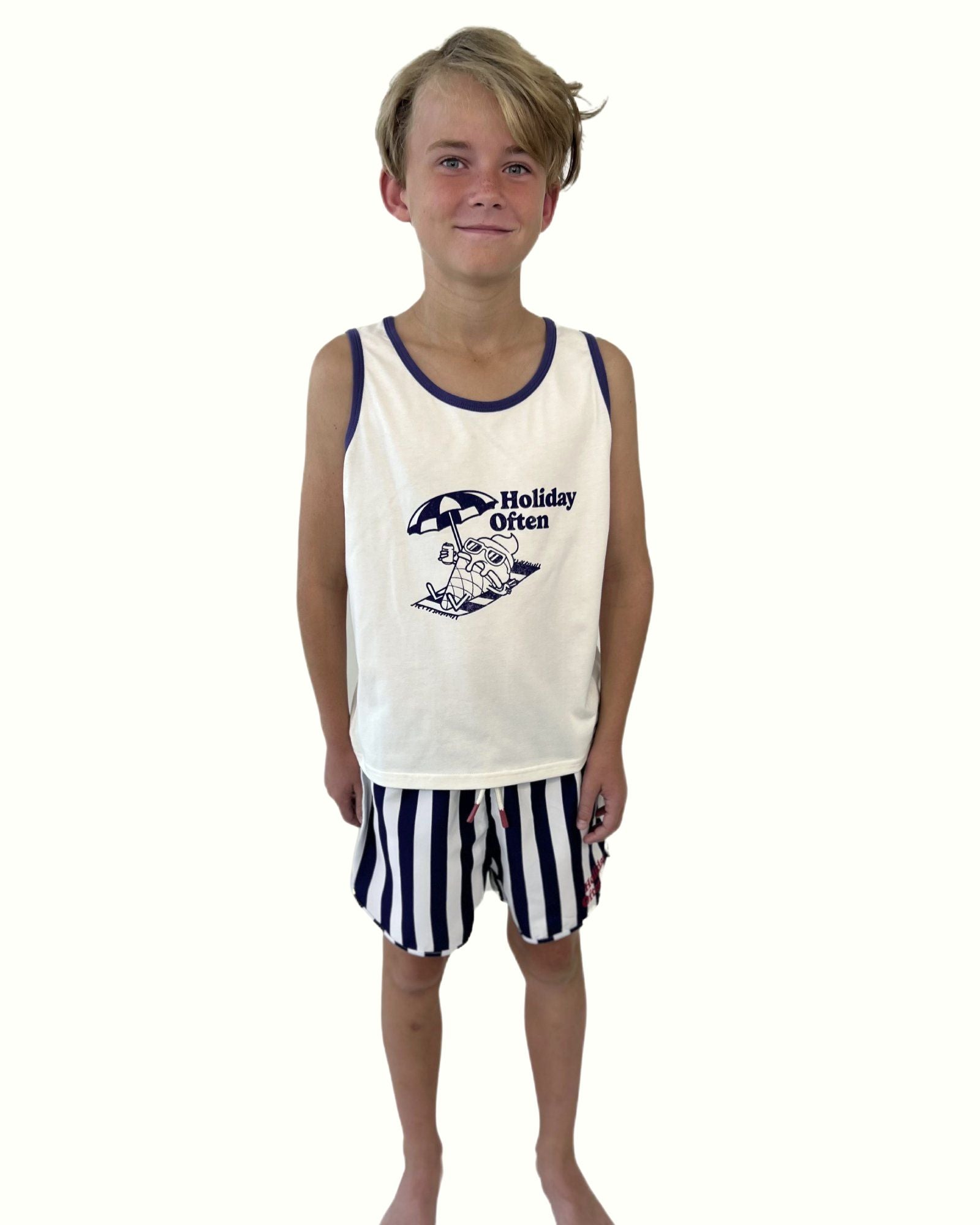 boy model wearing the holiday often tank top and striped swim shorts by cos i said so