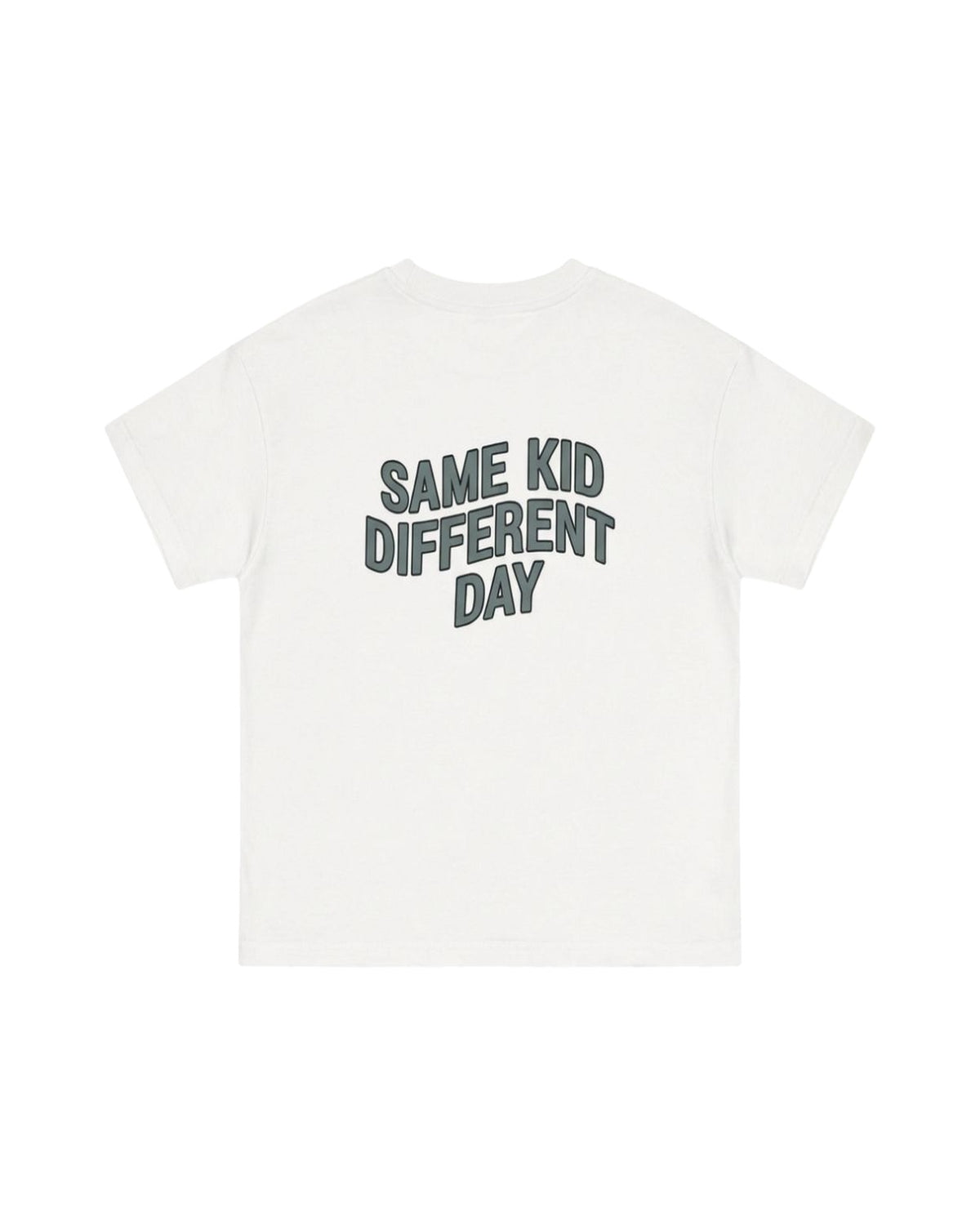 Unisex kids organic cotton Same Kid Different Day T-shirt in white by Cos I Said So, back view
