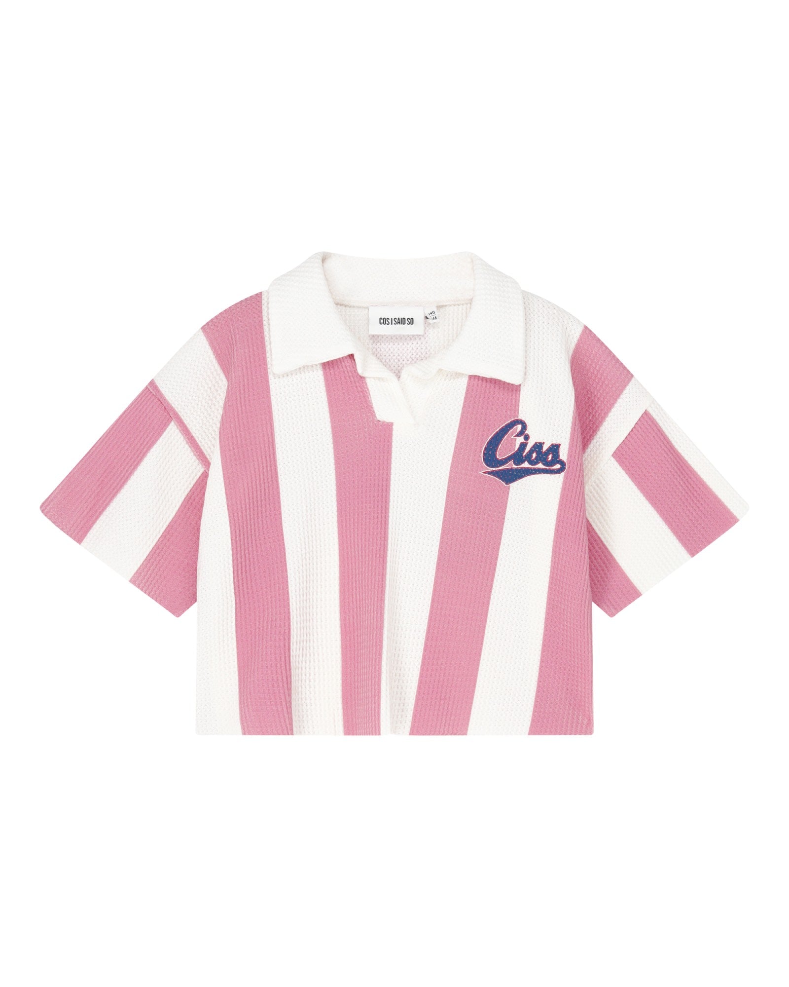 girls striped cut off polo in 100% organic cotton piqué comes in bold pink and white stripes - front side