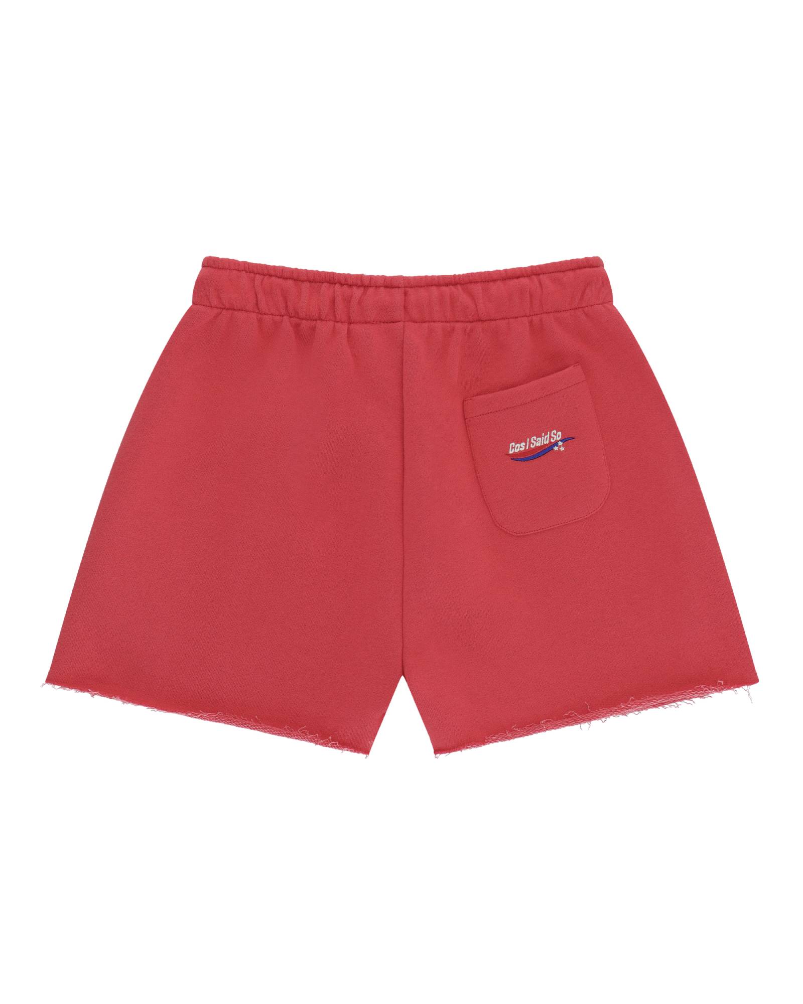 girls cut off jog shorts by Cos I Said So in the color poinsettia red with a pocket on the the back