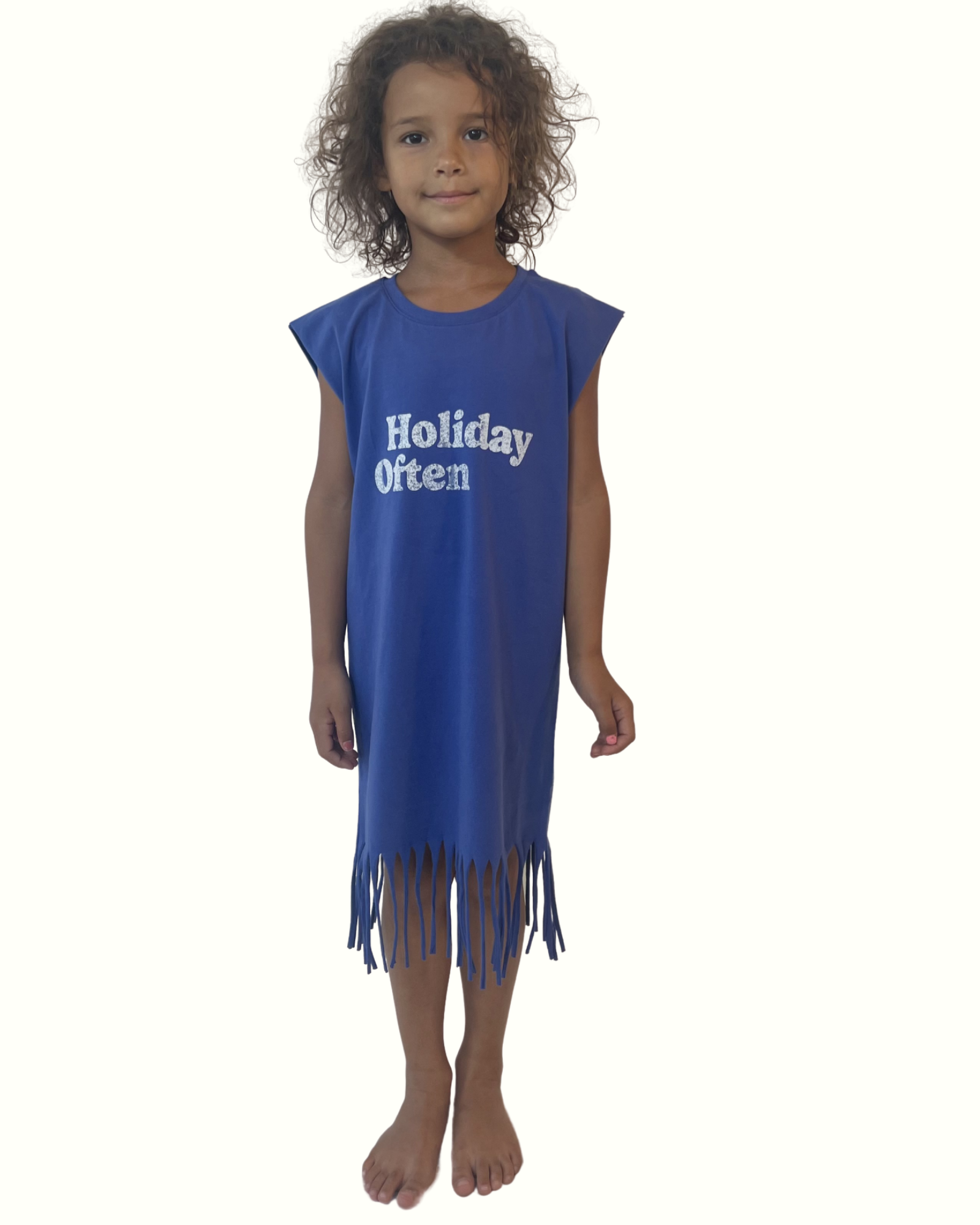 girl model showing the fringe dress by Cos I Said So in ultramarine blue, comes in high quality organic cotton