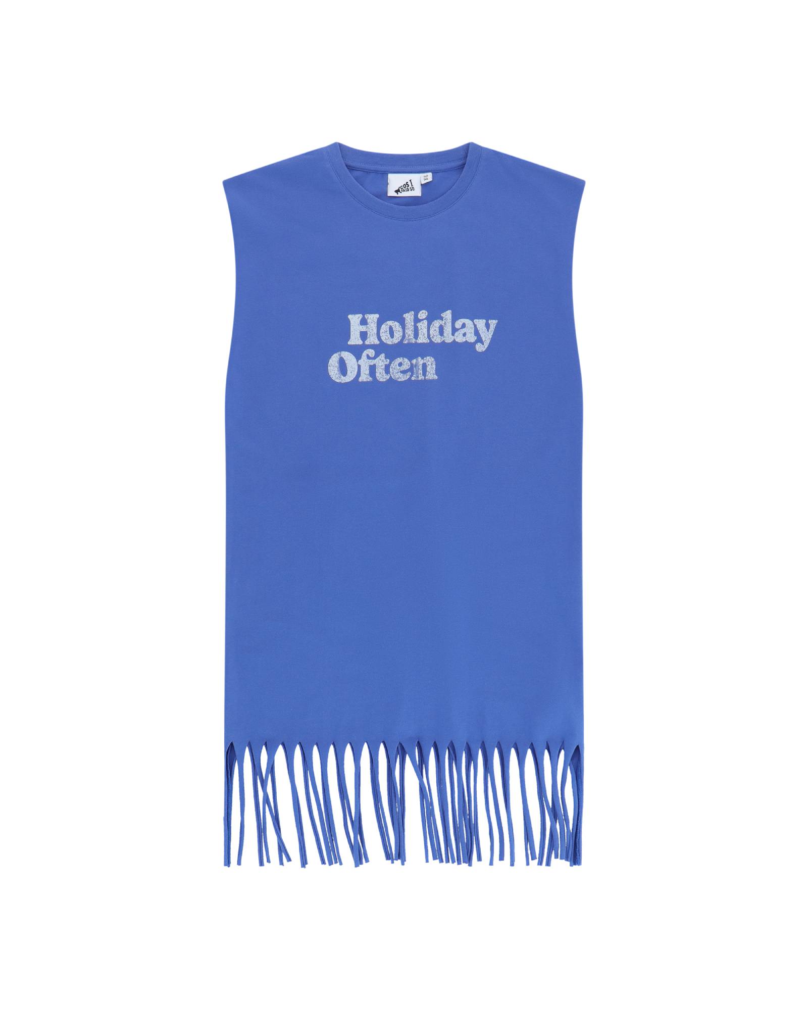 t-shirt dress with fringes by Cos I Said So in high quality organic cotton shown in the color ultramarine blue with caption holiday often in white