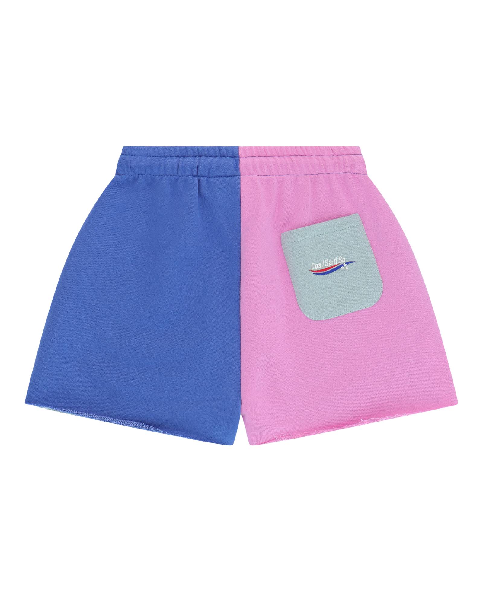 girls color block cut off shorts by cos i said so in high quality soft organic cotton, blue and fuchsia on the back with a pocket in sage