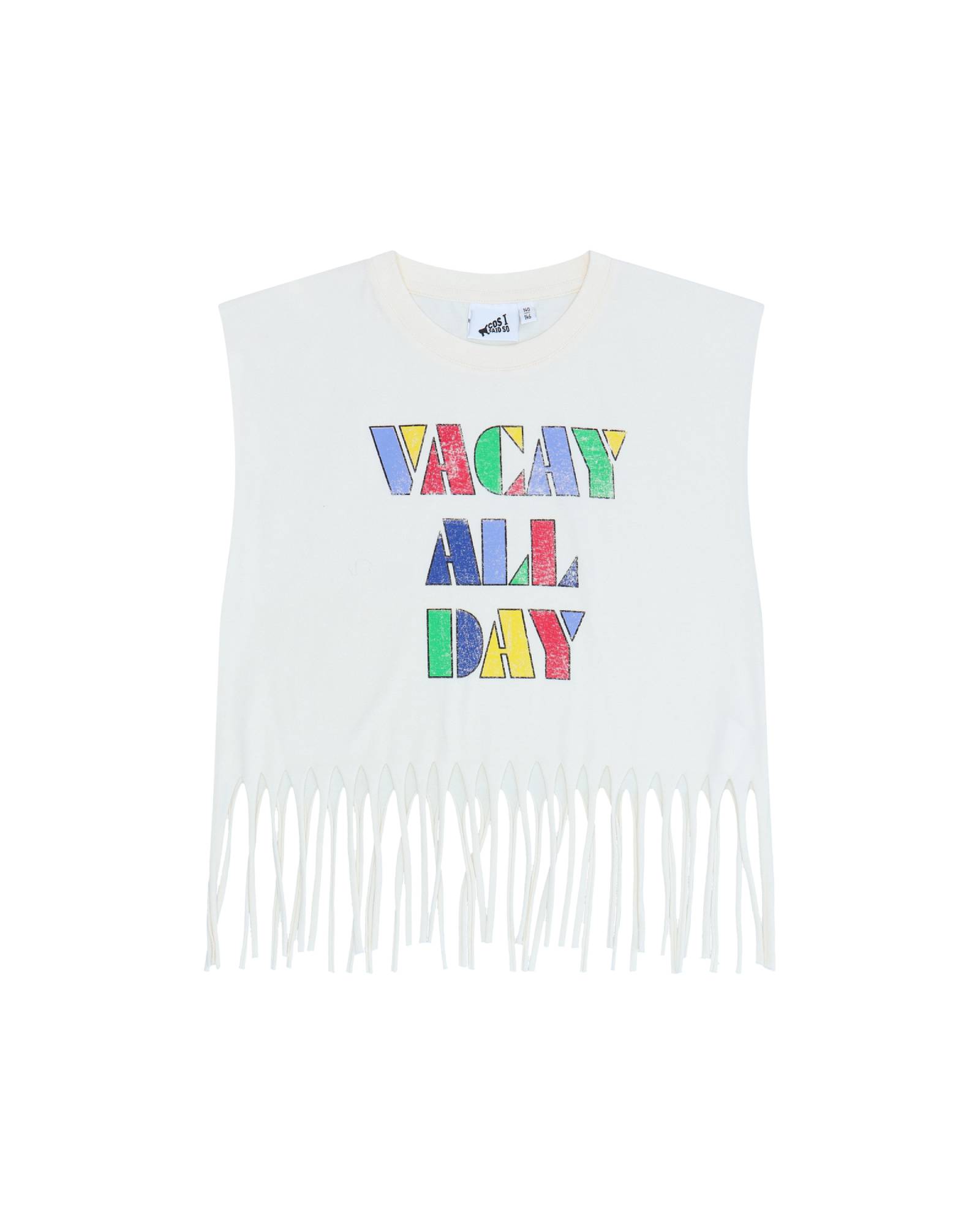girls fringed top by Cos I Said So in high quality soft organic cotton in white, with the caption vacay all day in colorful letters