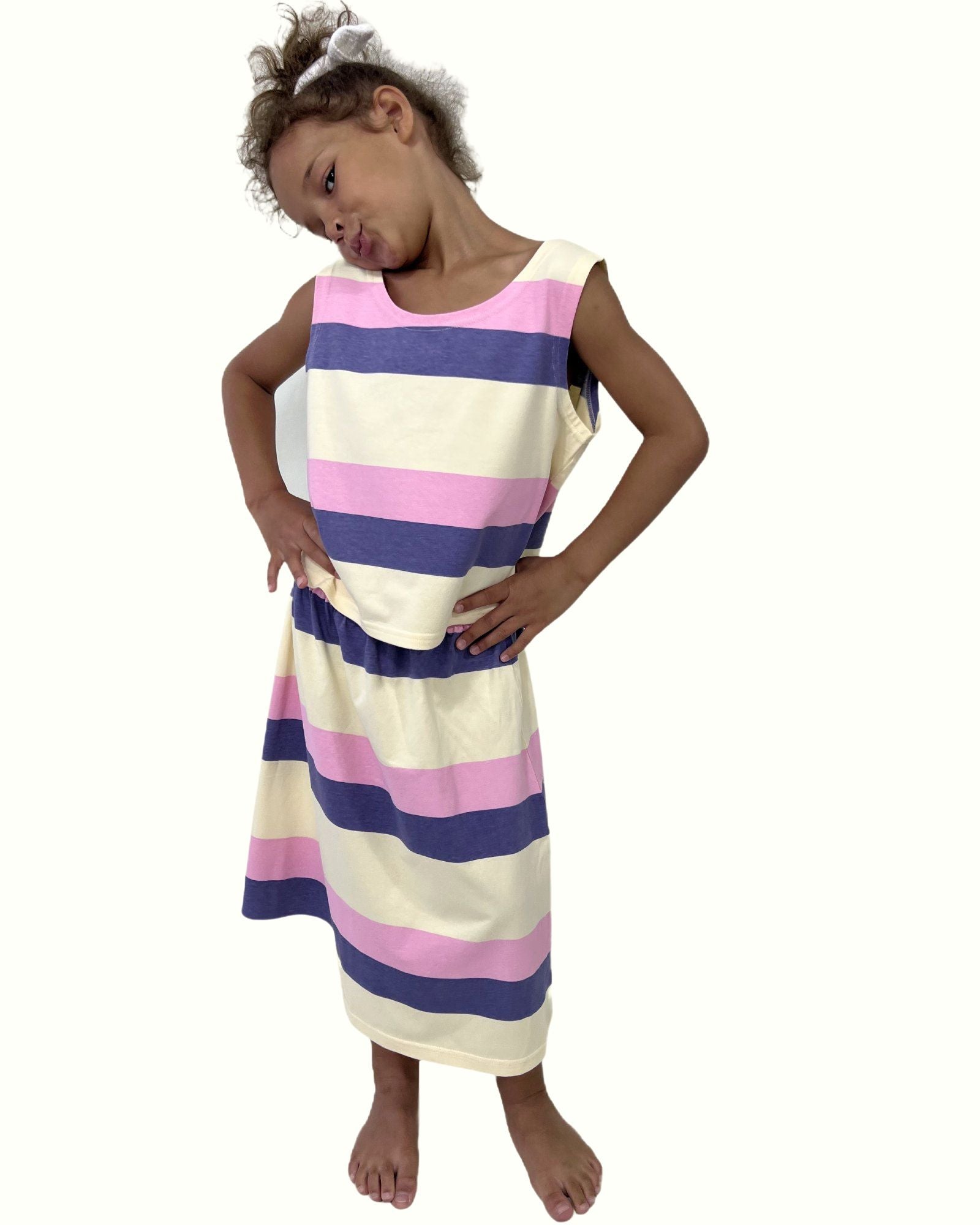 girl model wearing the striped tank top by Cos I Said So with the matching striped long skirt by Cos I Said So in high quality soft organic cotton