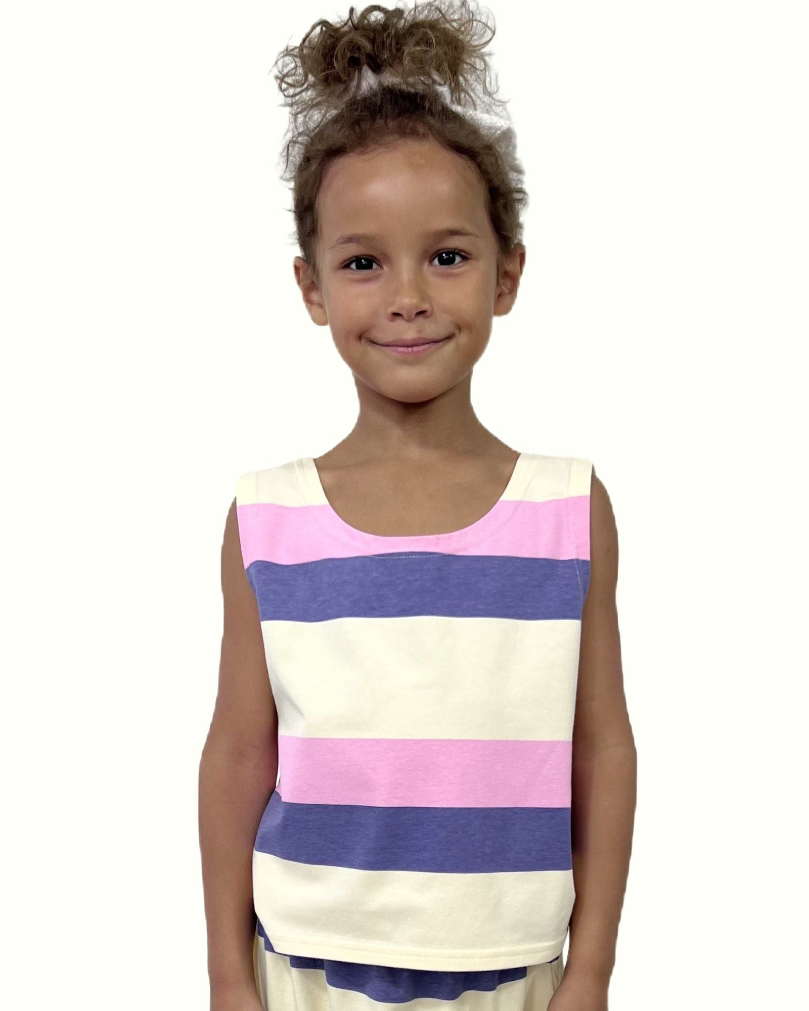 girl model wearing the striped tank top by Cos I Said So in a very soft and light organic cotton