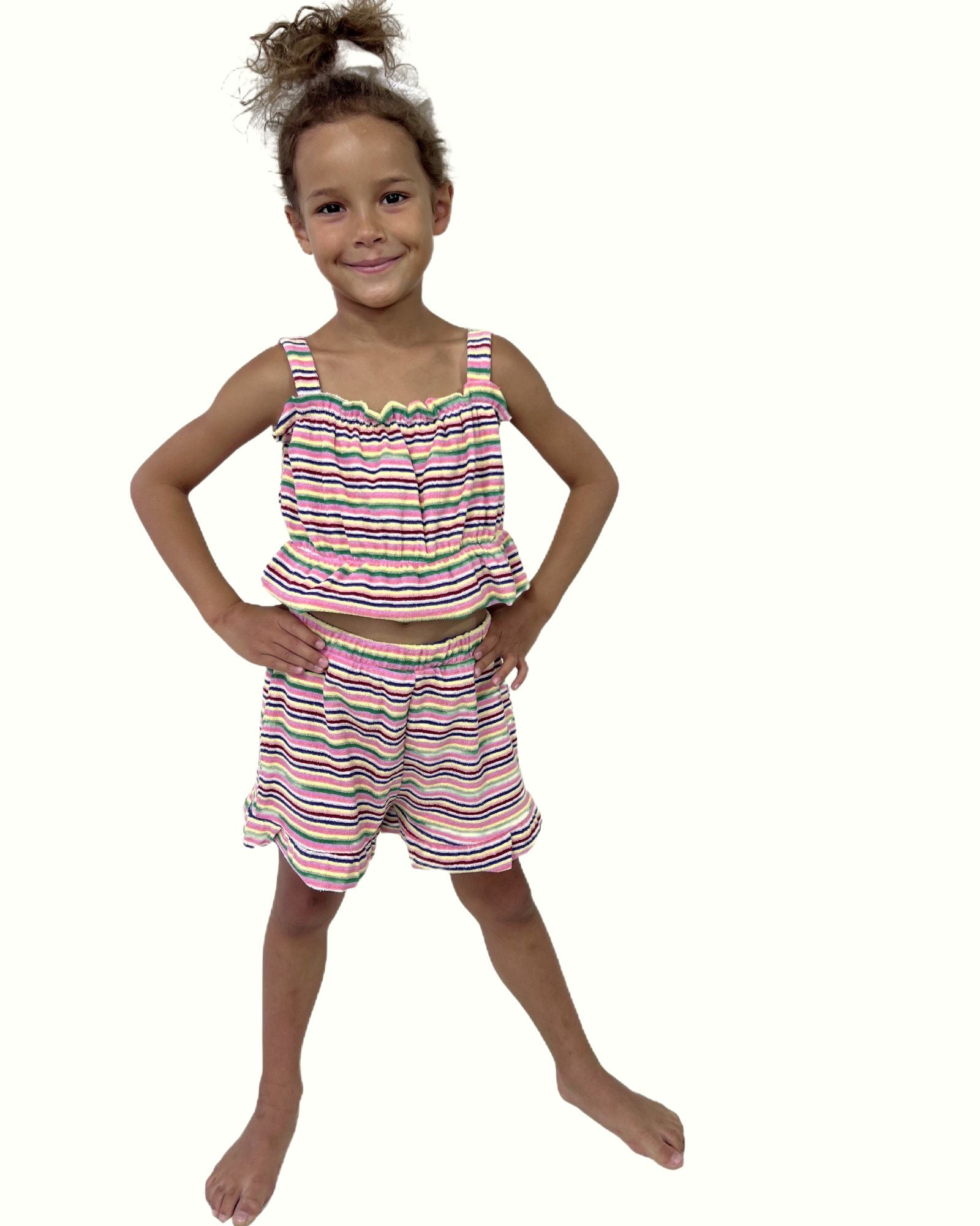 girl model wearing shorts by Cos I Said So in striped towel terry combined with the matching crop top in terry cloth