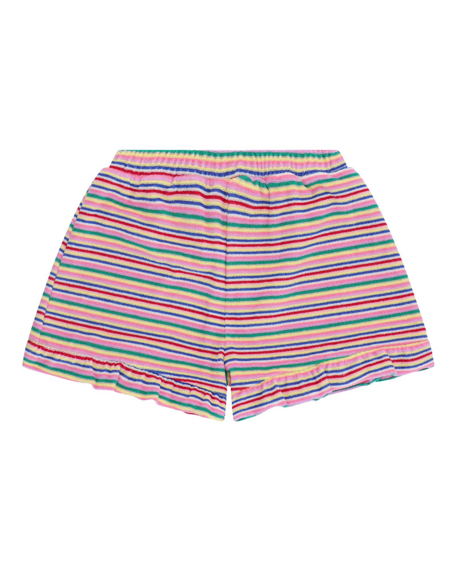girls shorts with ruffles at the bottom in terry cloth with horizontally mulit-colored stripes