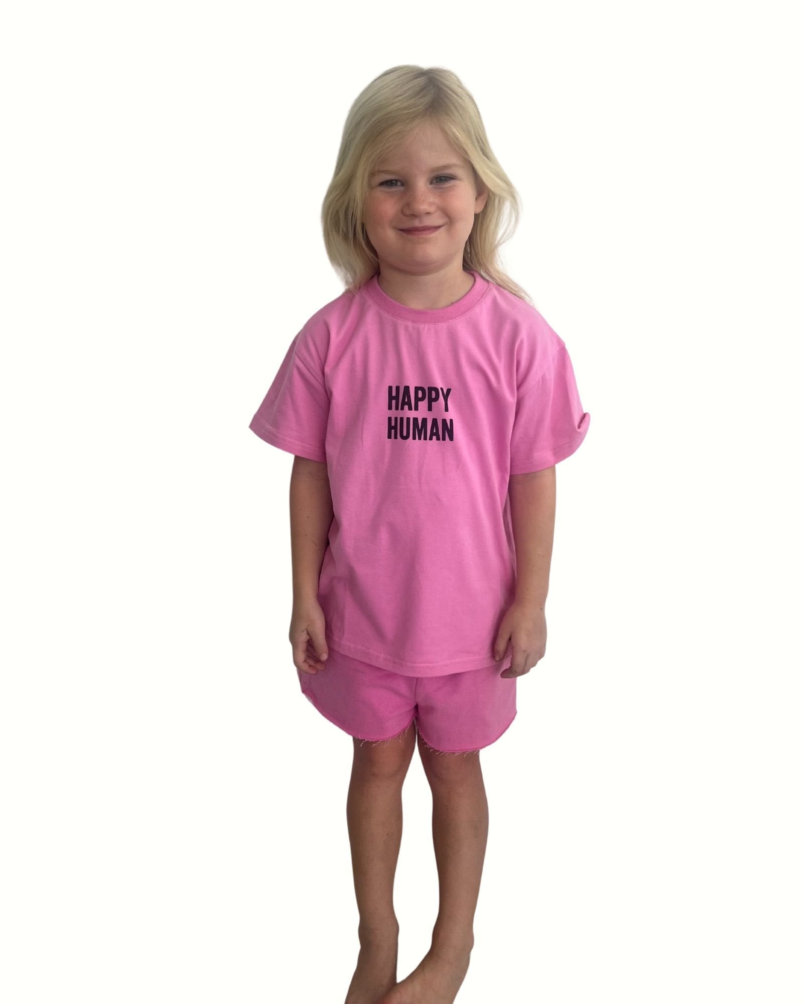 unisex t-shirt happy human by Cos I Said So in high quality organic cotton shown in the color fuchsia