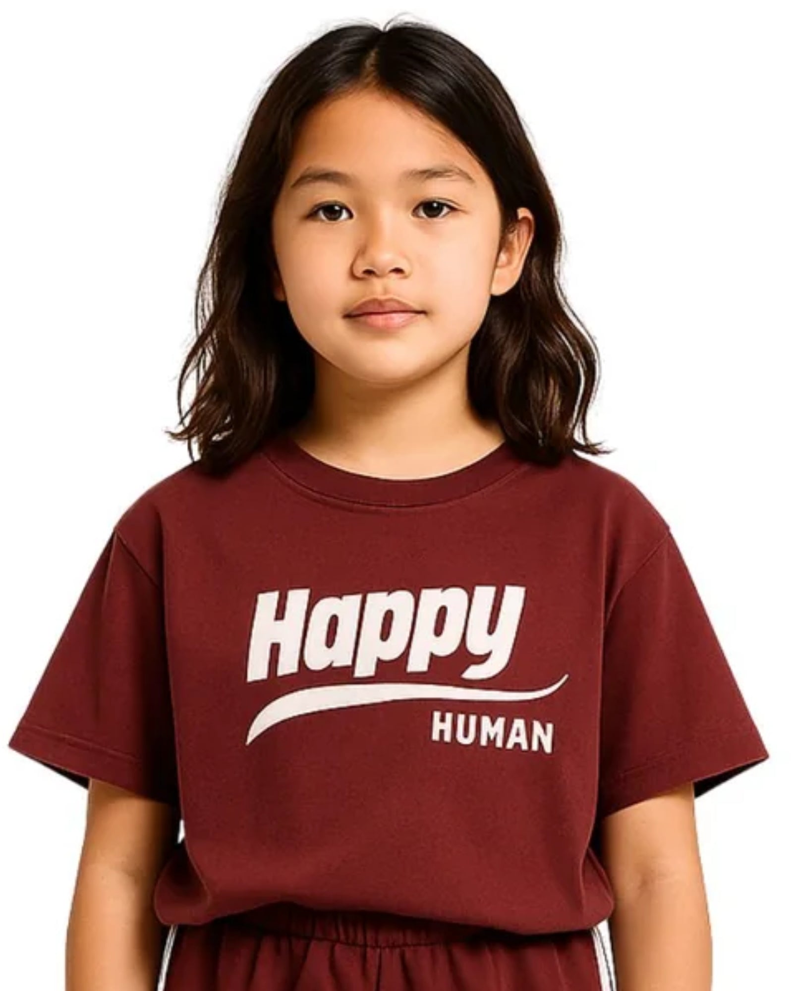 girl model wearing the happy human t-shirt in port