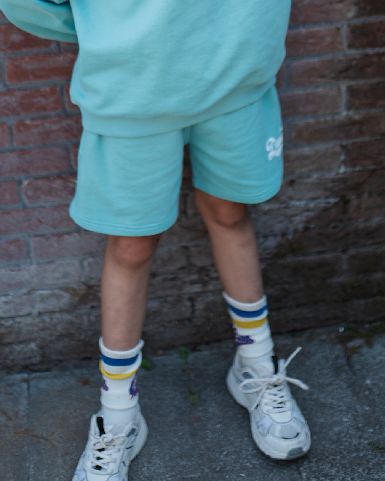 boy model showing the jog shorts in agate green of cos I said so