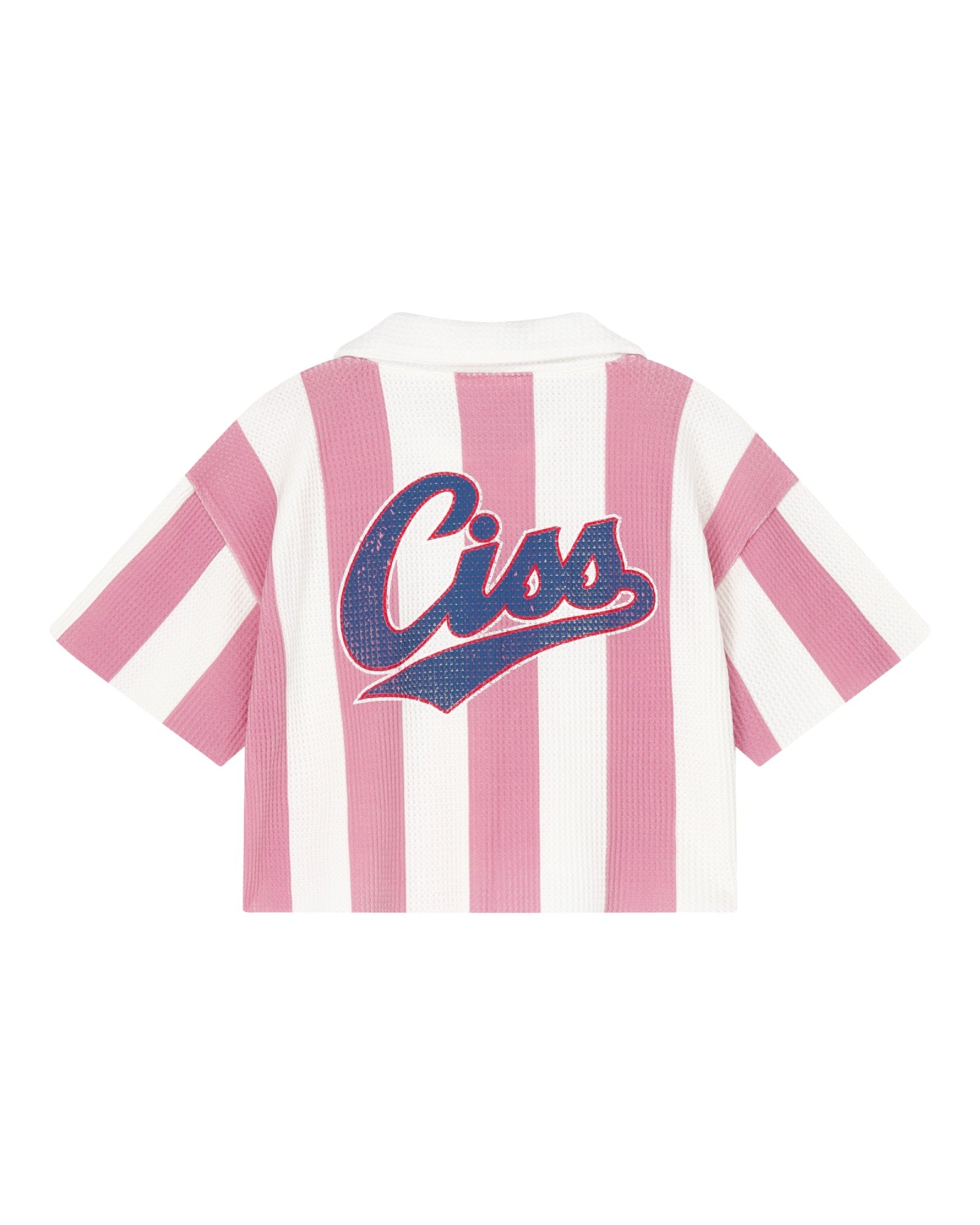 girls striped cut off polo in 100% organic cotton piqué comes in bold pink and white stripes - back side