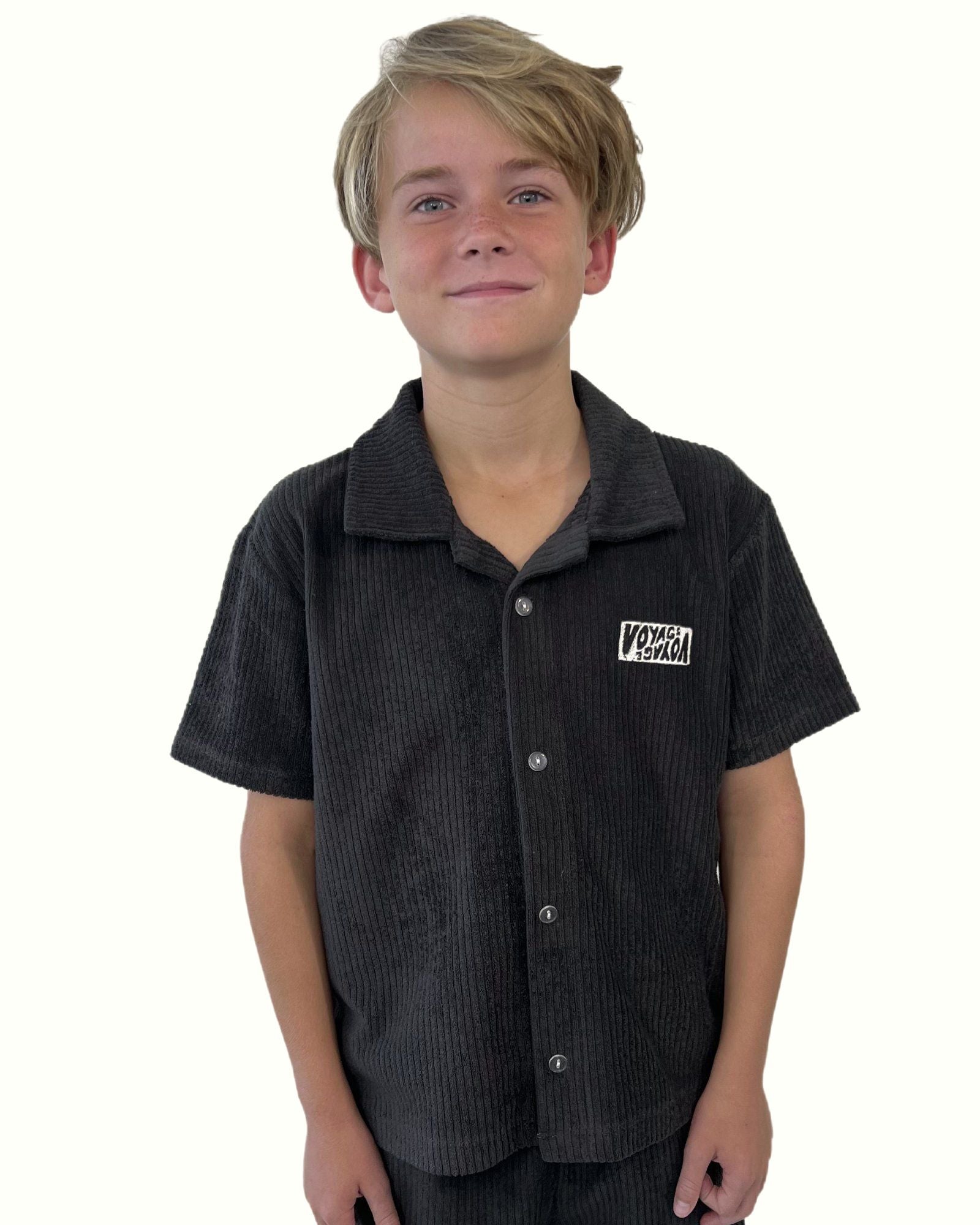 boy model wearing the towel terry shirt by Cos I Said So in ribbed charcoal