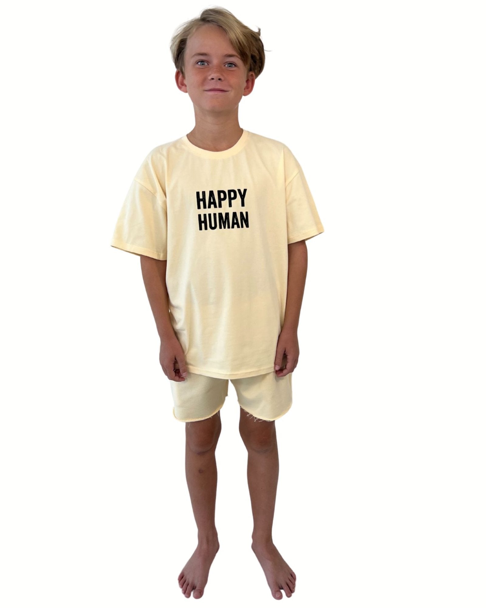 unisex t-shirt happy human by Cos I Said So in high quality organic cotton shown in the color cornhusk