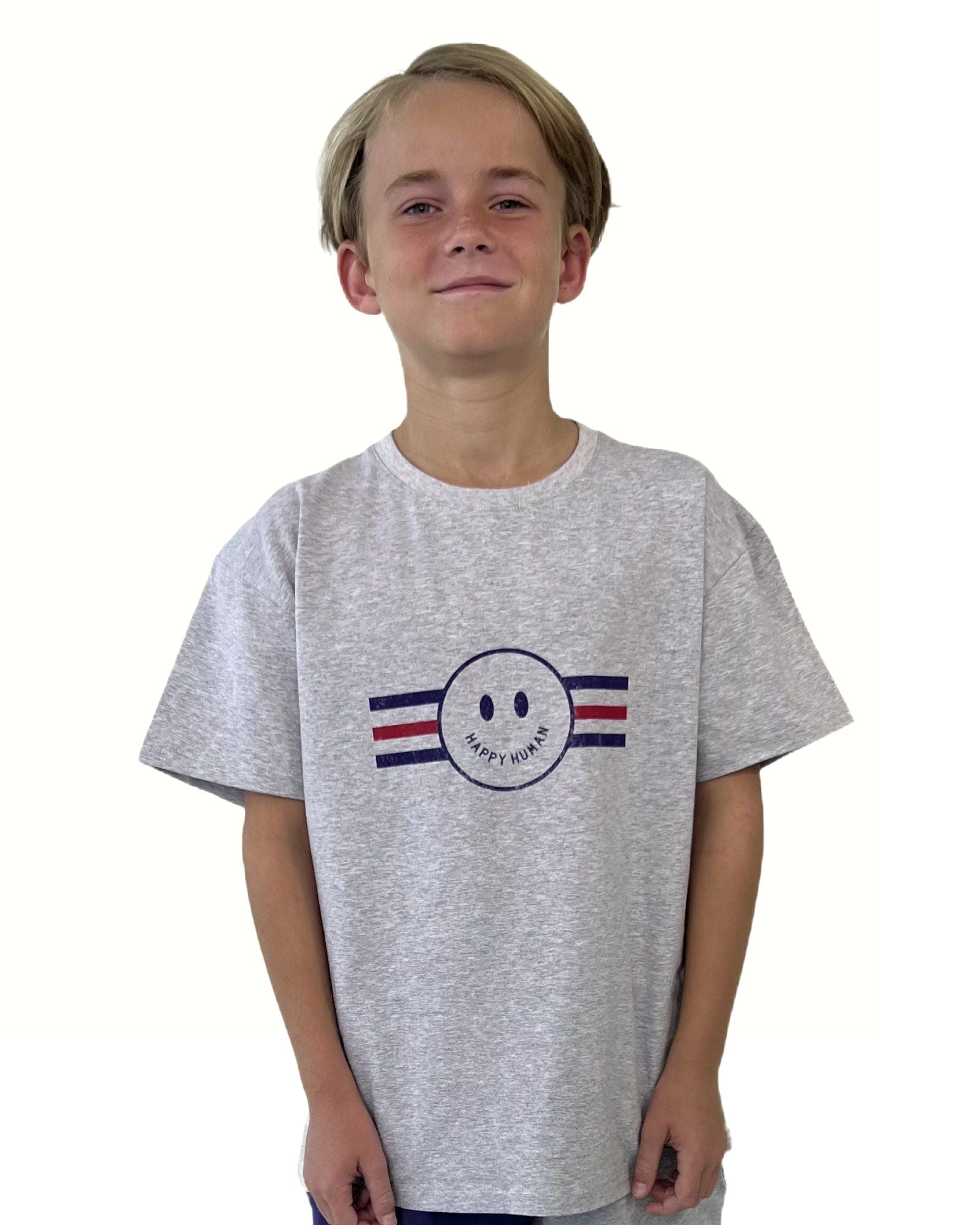 boy model wearing the smiley happy human t-shirt by Cos I Said So in grey soft organic cotton