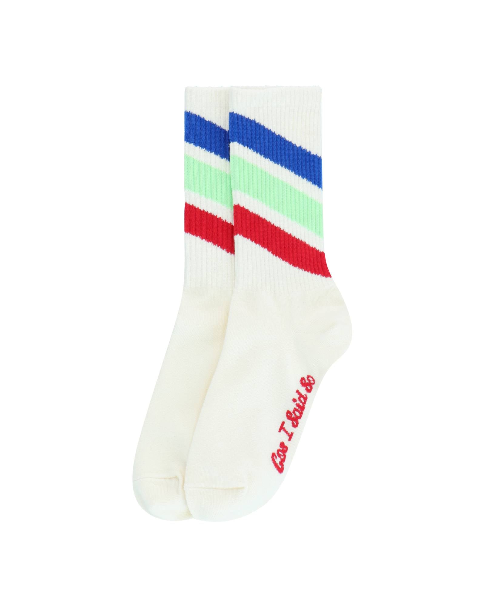 unisex socks by Cos I Said So in white with retro stripes in 3 colors blue, mint and red