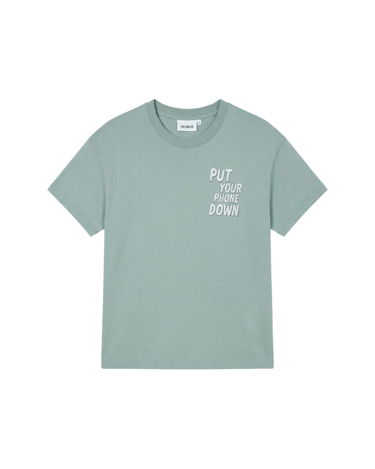Unisex kids organic cotton Put Your Phone Down t-shirt by Cos I Said So in silver blue, front view