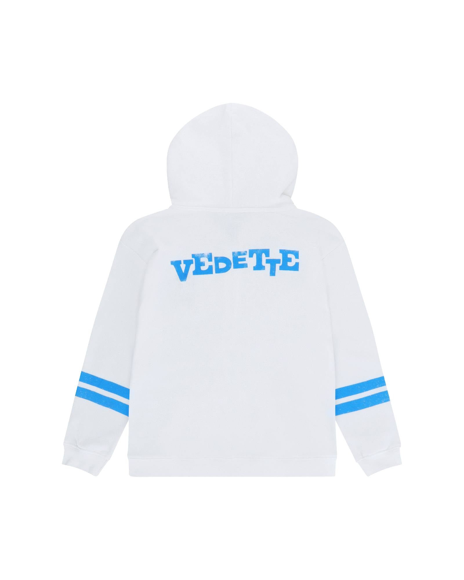 hoodie in offwhite with vedette in blue on the rear