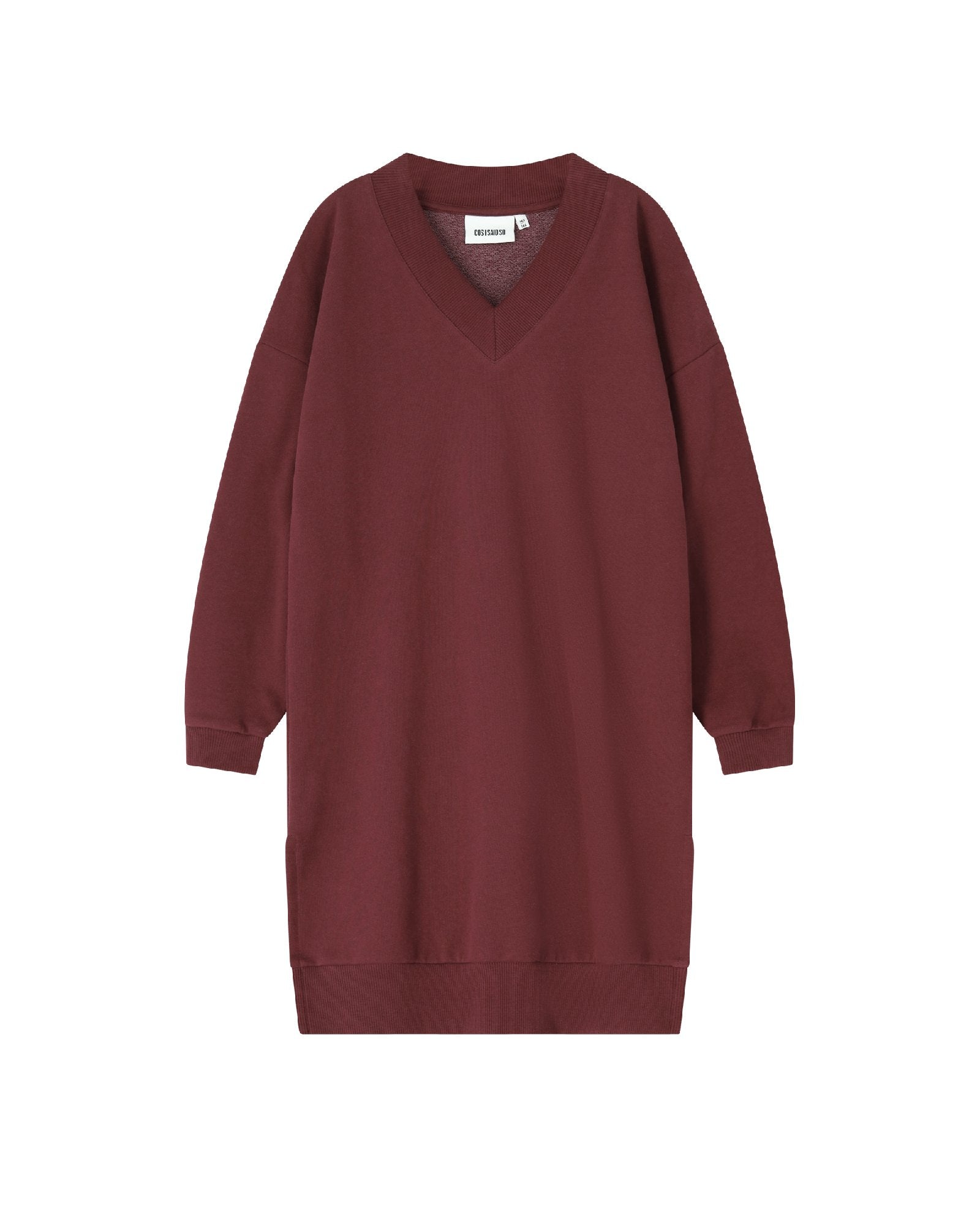 Girls sweater dress with v-neck in the colour port comes in gots-certified organic cotton