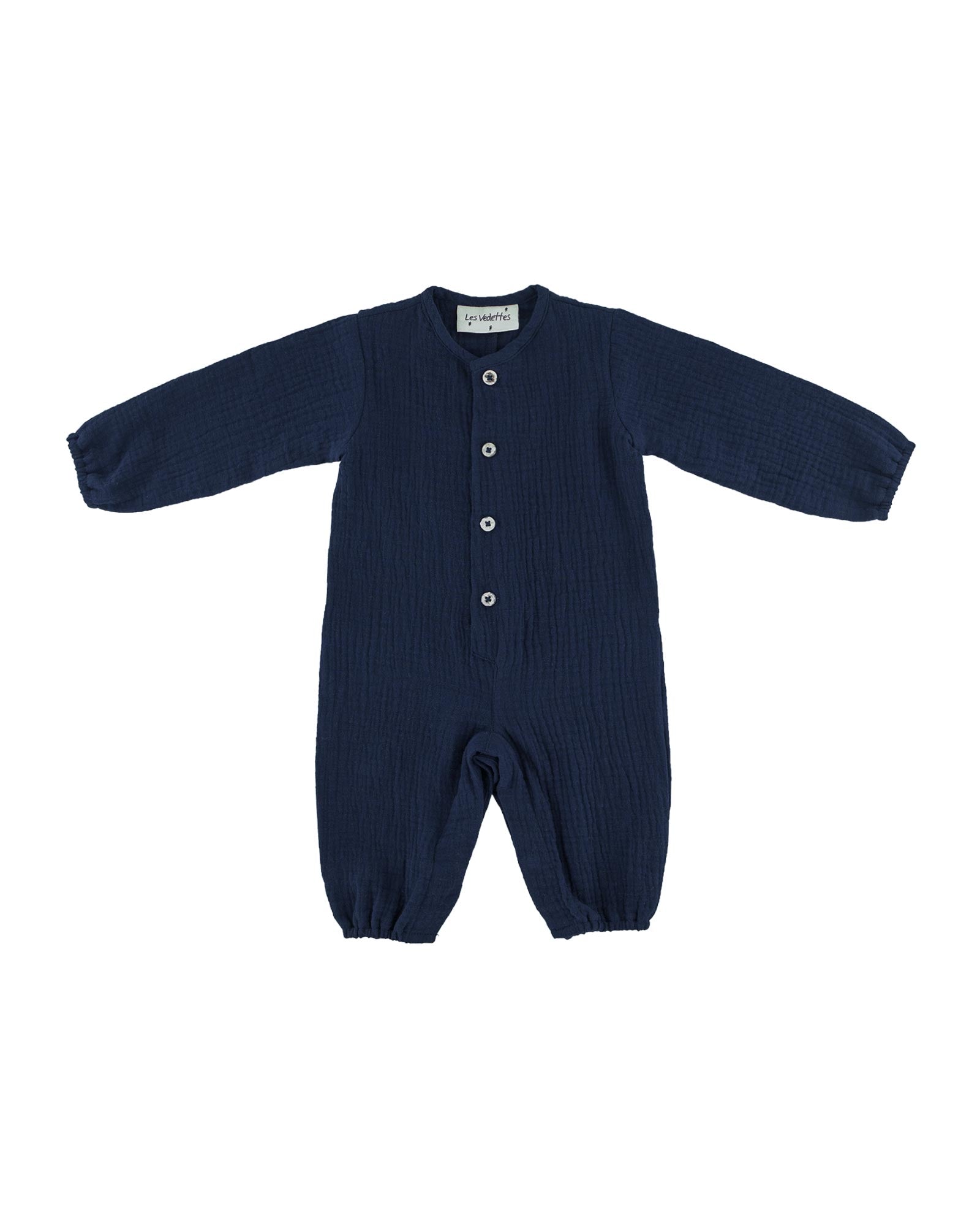 Leo baby romper for boys or unsiex with long sleeves and 4 coconut buttons in front by Les Vedettes