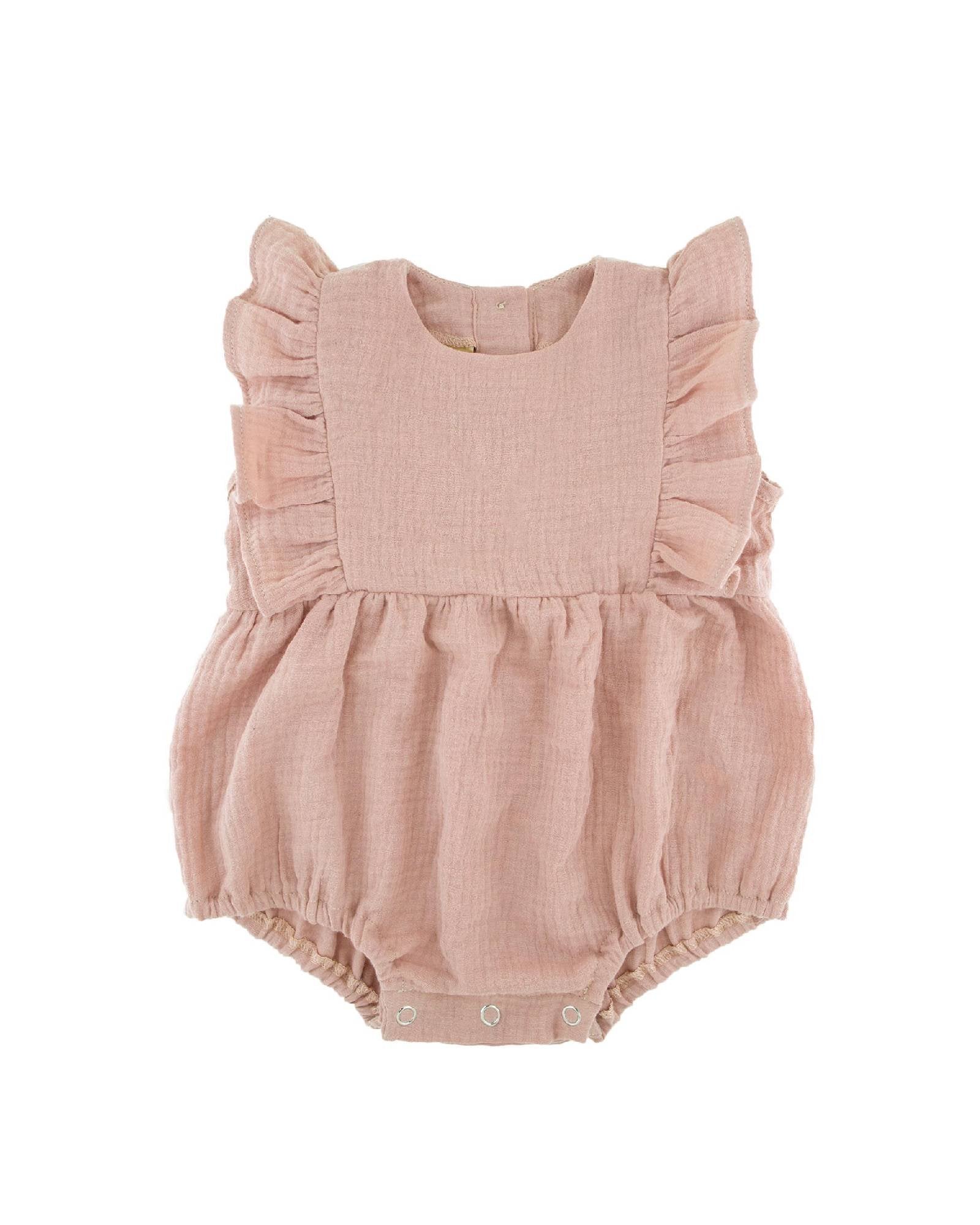 baby girl romper by Les Vedettes in high quality muslin cotton comes in the color soft pink