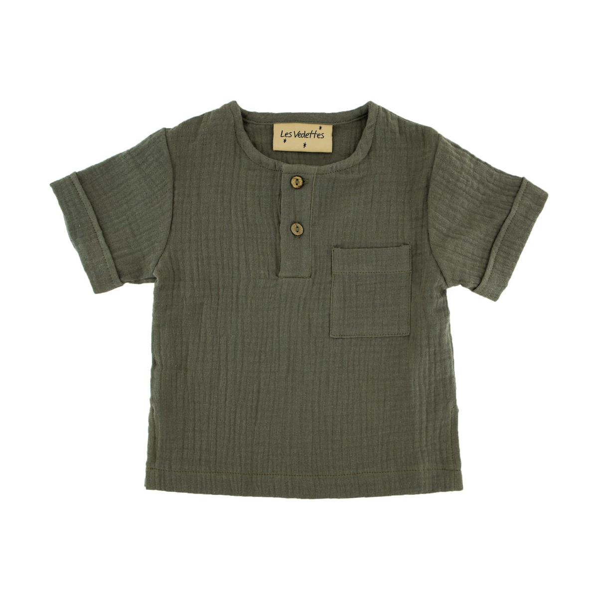 boys shirt with short sleeves from Les Vedettes in Muslin Cotton is shown in Soft Khaki Green.
