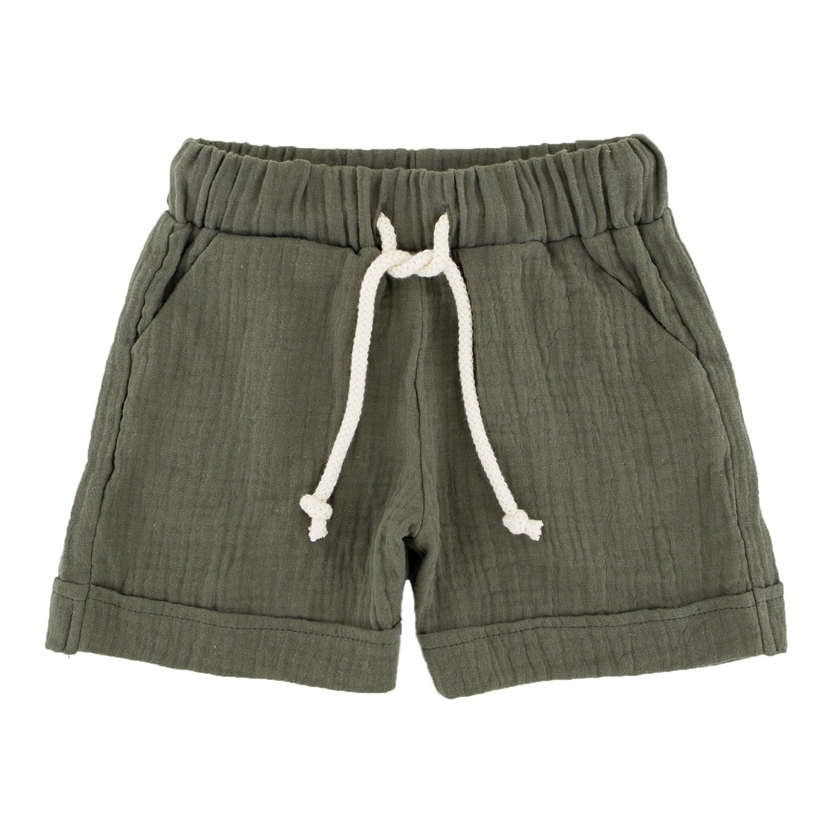 boys shorts by Les Vedettes in high quality muslin cotton in soft khaki green come with a drawstring