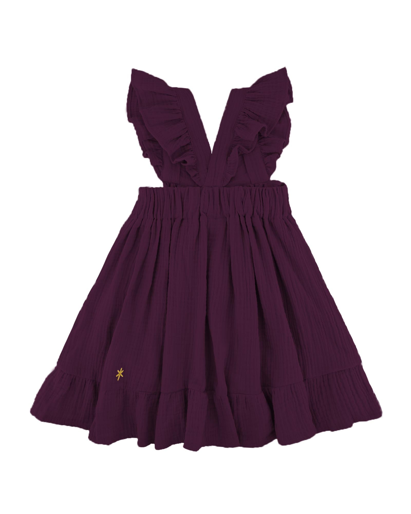 River dress with frills by Les Vedettes in high quality muslin cotton in the color aubergine from the back