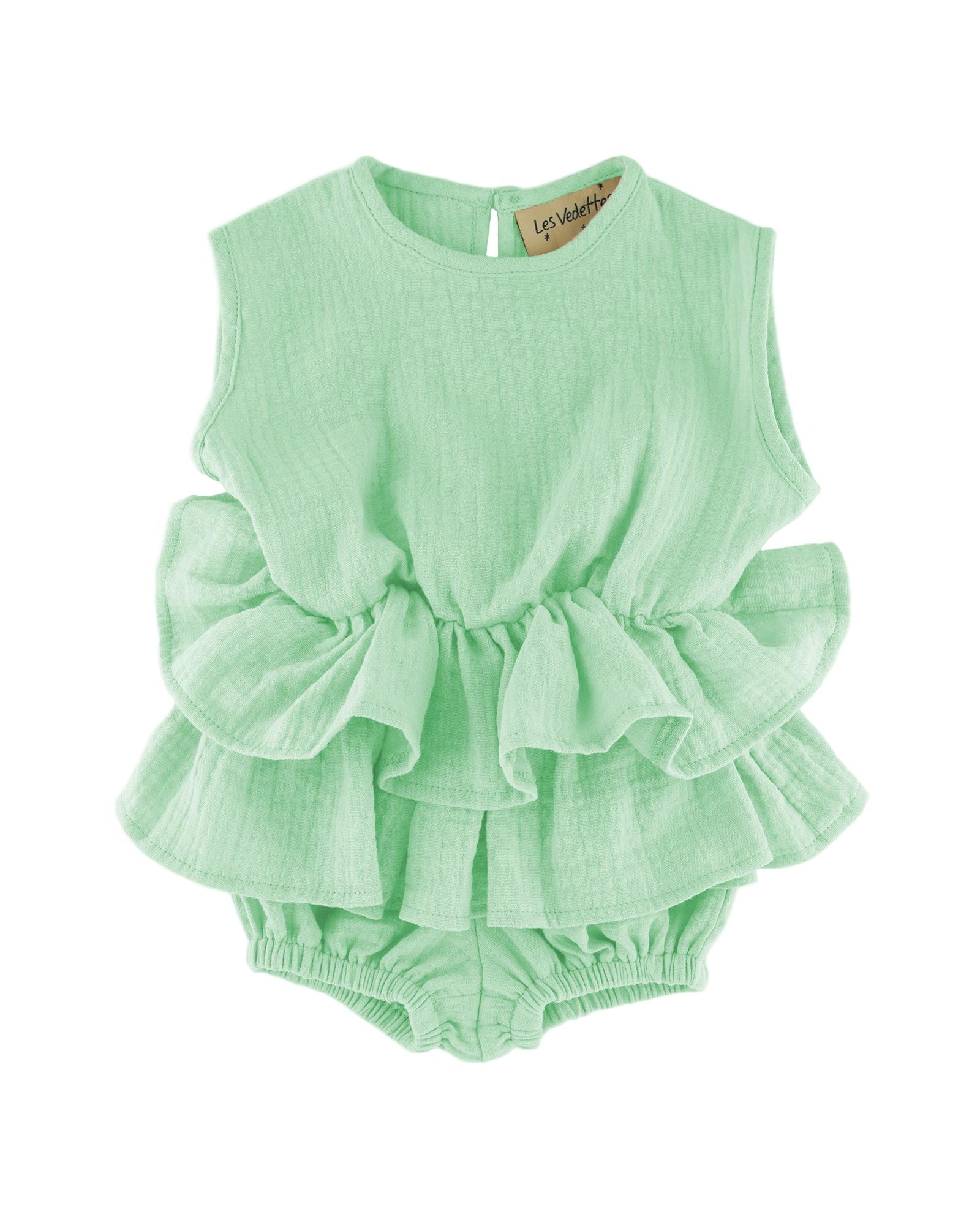 girls tiered Lina onesie by Les Vedettes with 2 layers ruffles in mint green muslin cotton