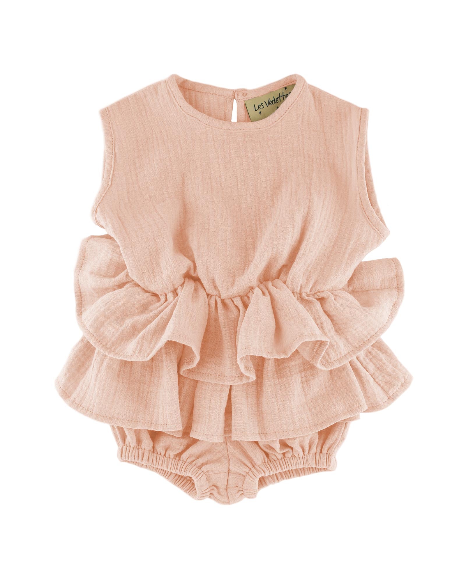girls tiered Lina onesie by Les Vedettes with 2 layers ruffles in peach muslin cotton