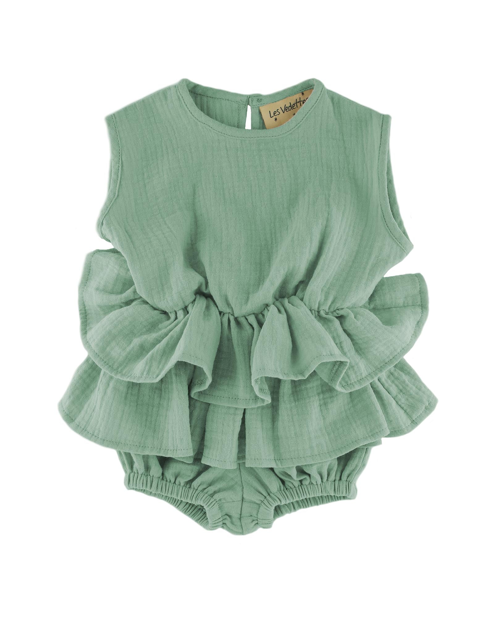 girls tiered onesie by les vedettes with 2 layers ruffles in sage green muslin cotton
