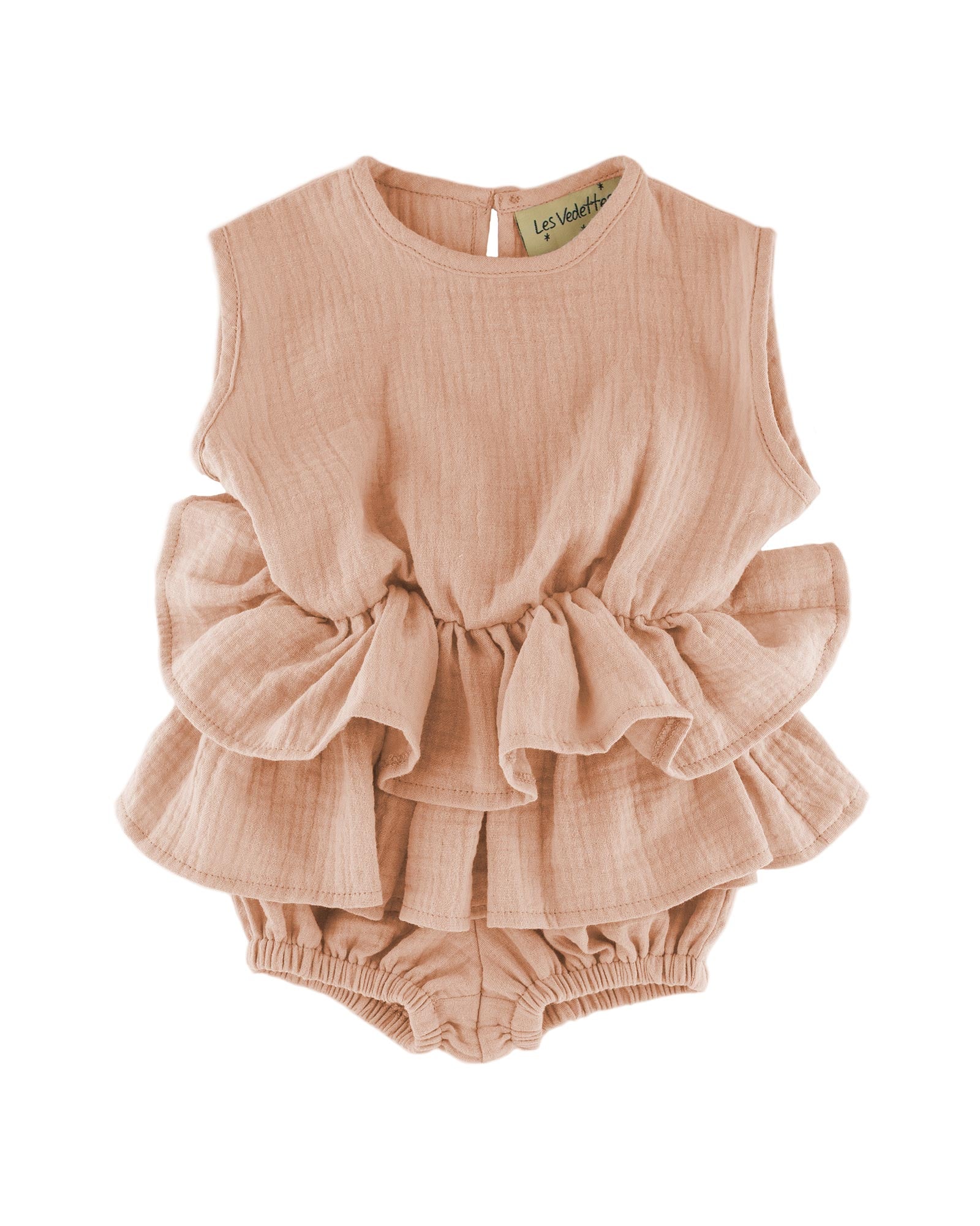girls tiered onesie by les vedettes with 2 layers ruffles in soft pink muslin cotton