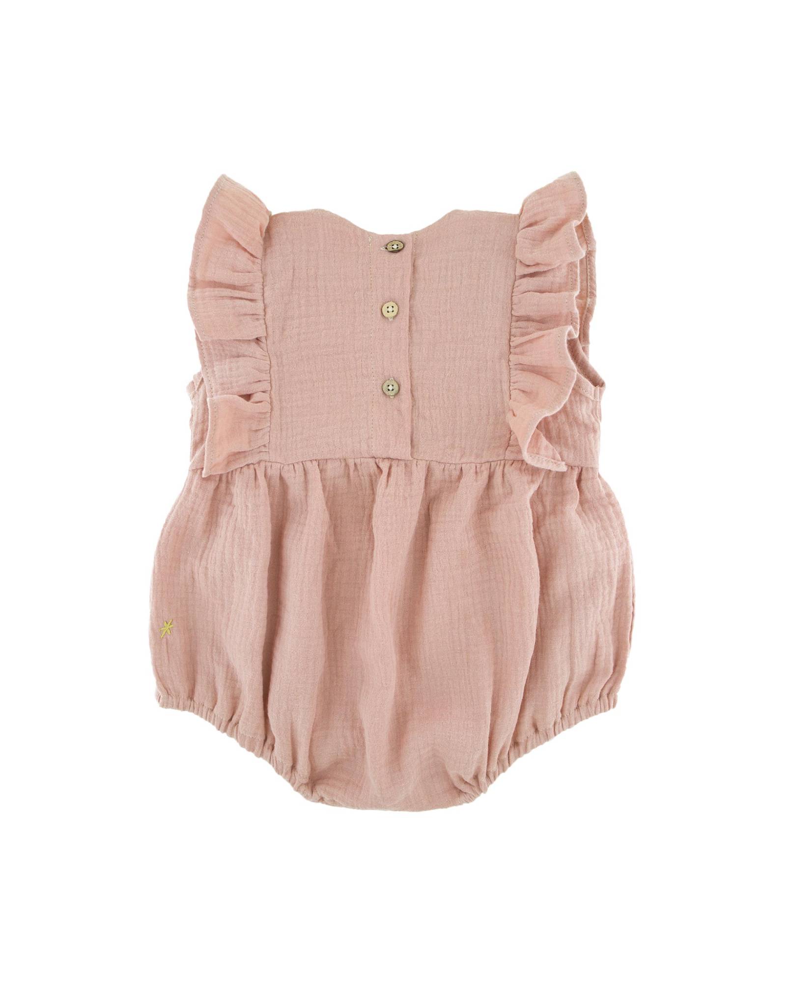 baby girl romper by Les Vedettes in high quality muslin cotton comes in the color soft pink and is shown from the back