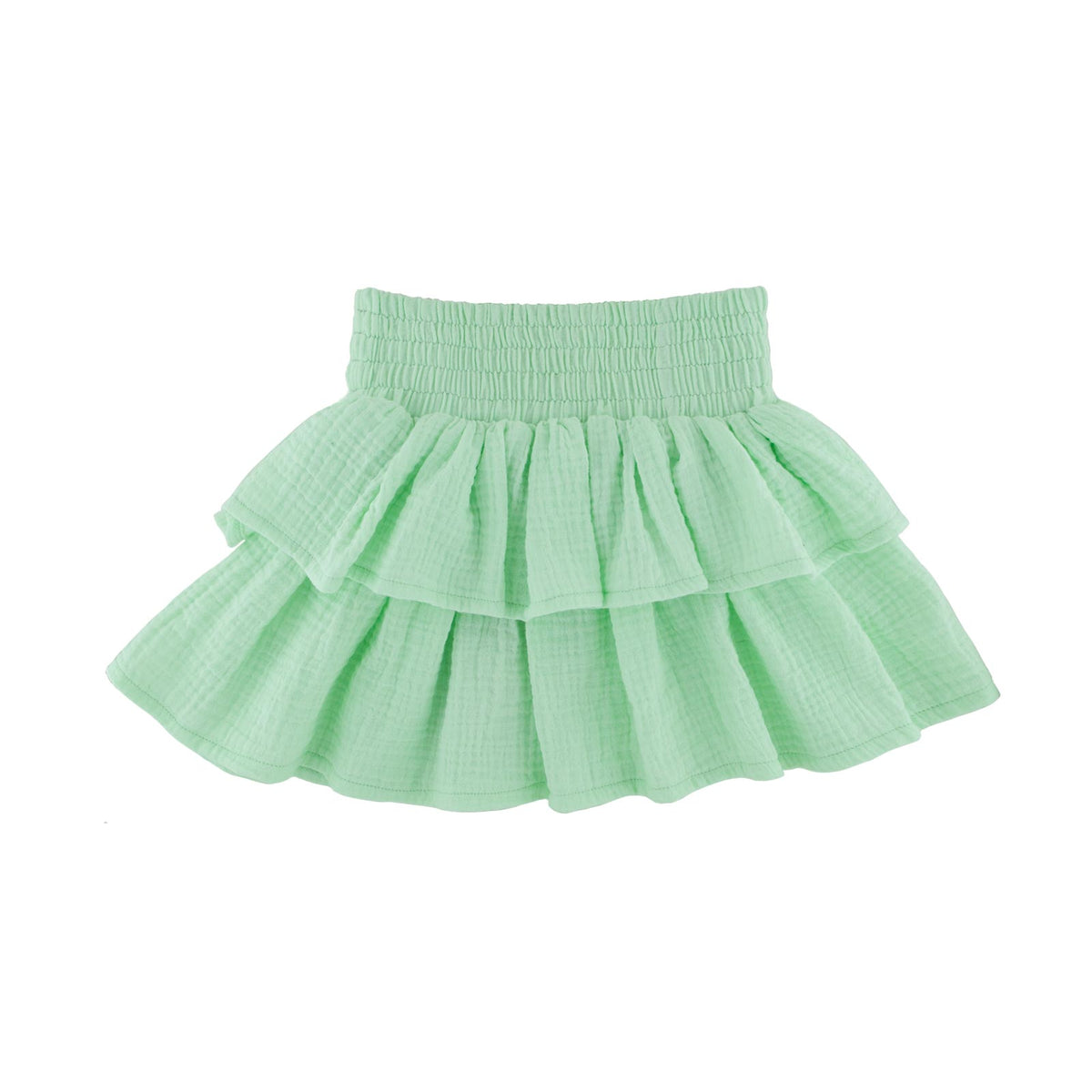 tiered ruffle Lila skirt by Les Vedettes in color mint green in muslin cotton with gathered elastic waistband