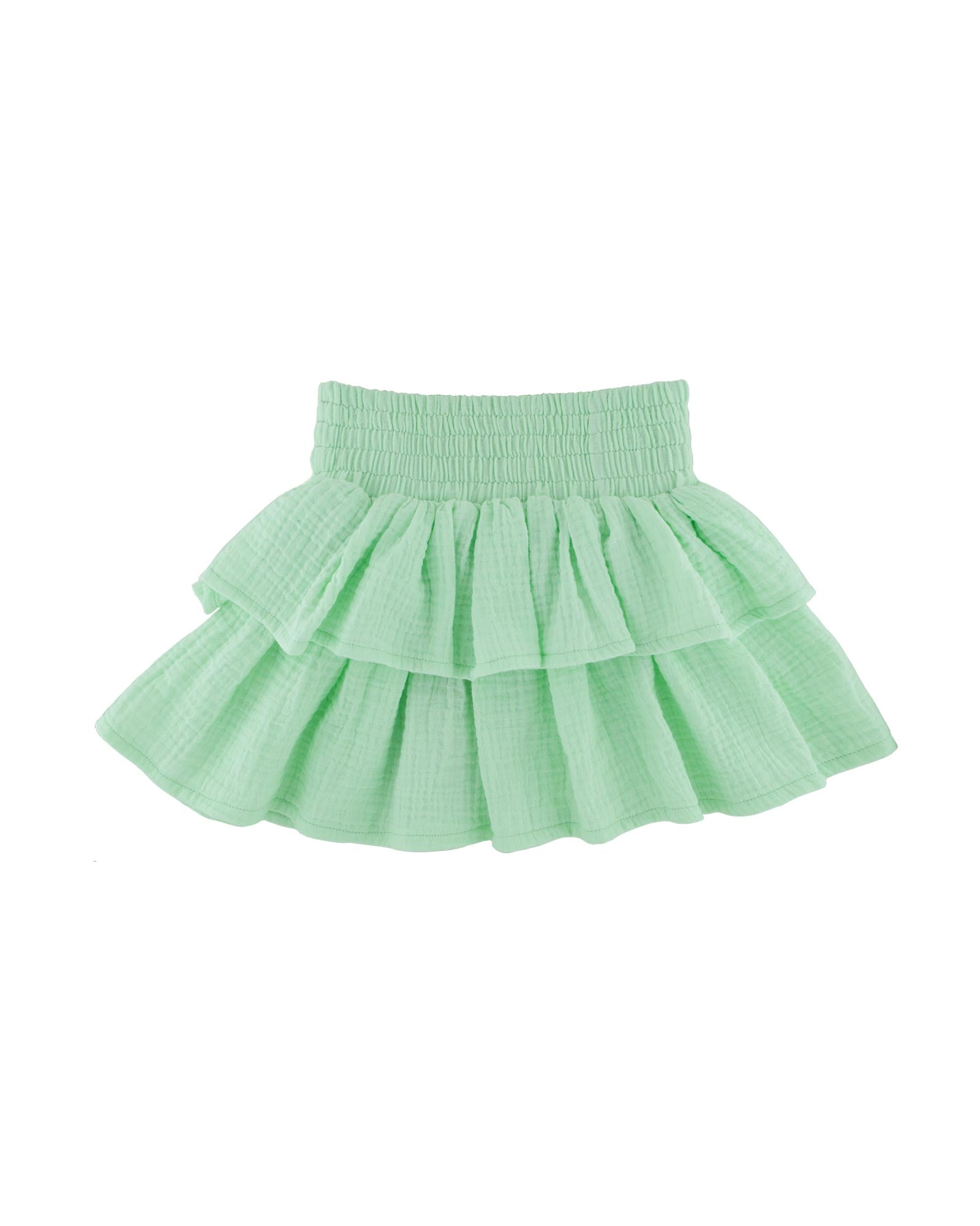 tiered ruffle Lila skirt by Les Vedettes in color mint green in muslin cotton with gathered elastic waistband