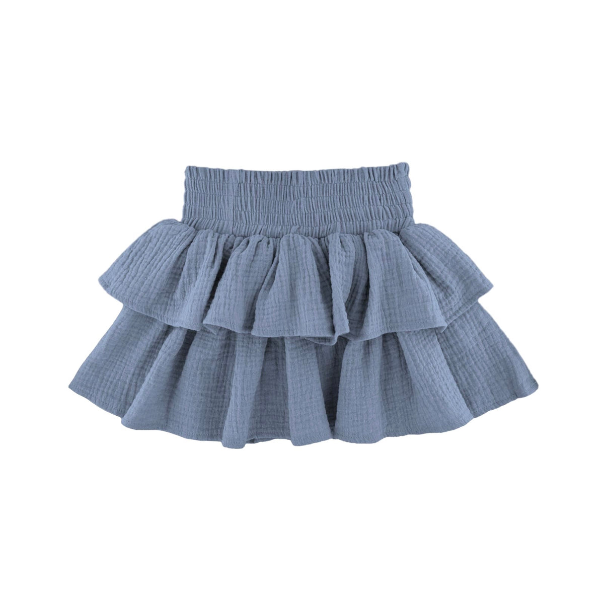 tiered ruffle Lila skirt by Les Vedettes in the color dusty cloudy blue in muslin cotton with gathered elastic waistband