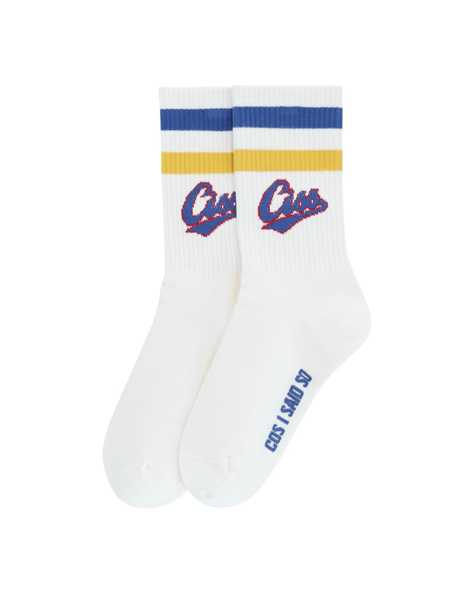 unisex varsity socks in offwhite by cos I said so with ciss logo and stripes in blue and yellow